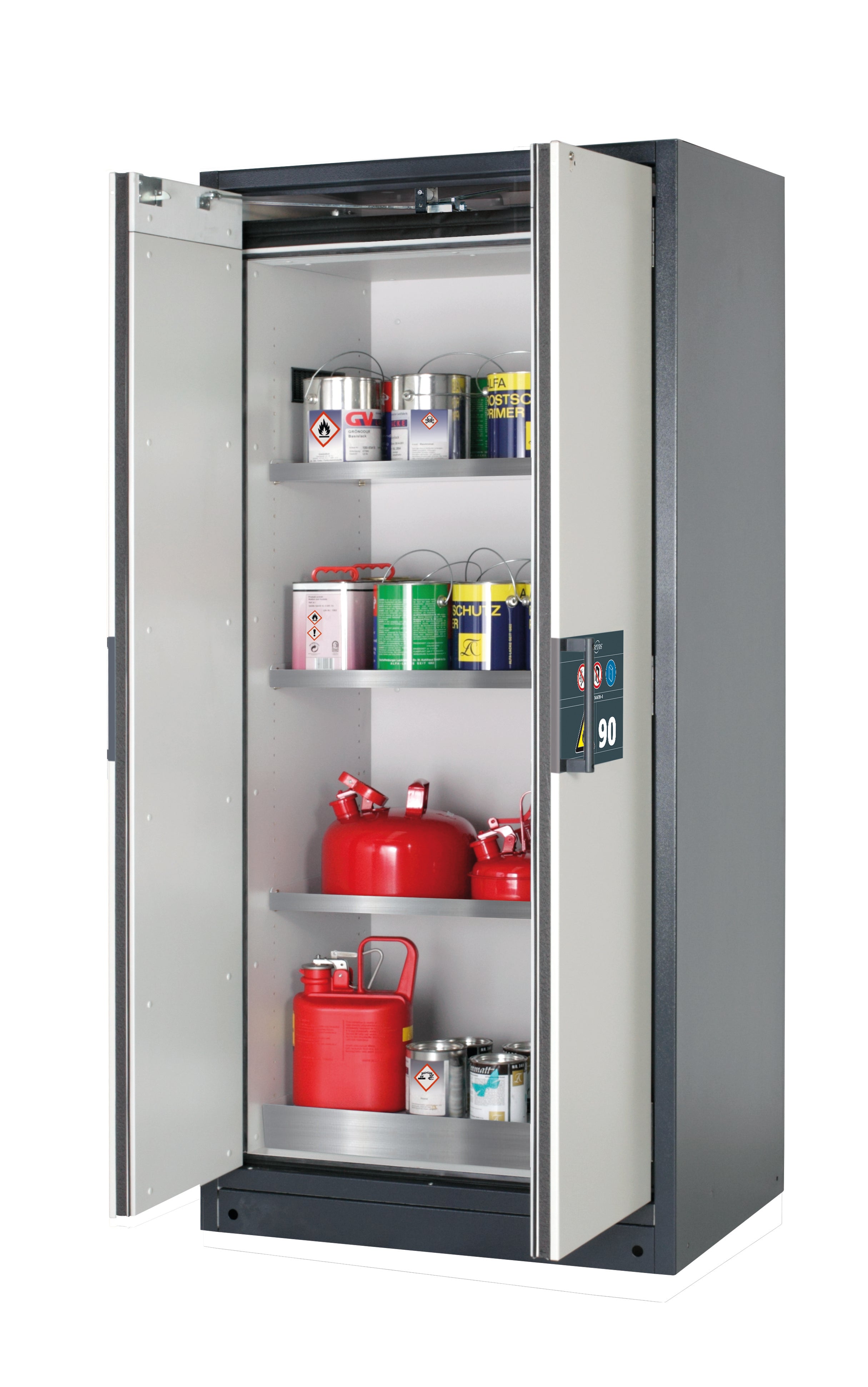 Typ 90 Sicherheitsschrank Q-PEGASUS-90 Modell Q90.195.090.WDAC in lichtgrau RAL 7035 mit 3x Fachboden Standard (Edelstahl 1.4301)