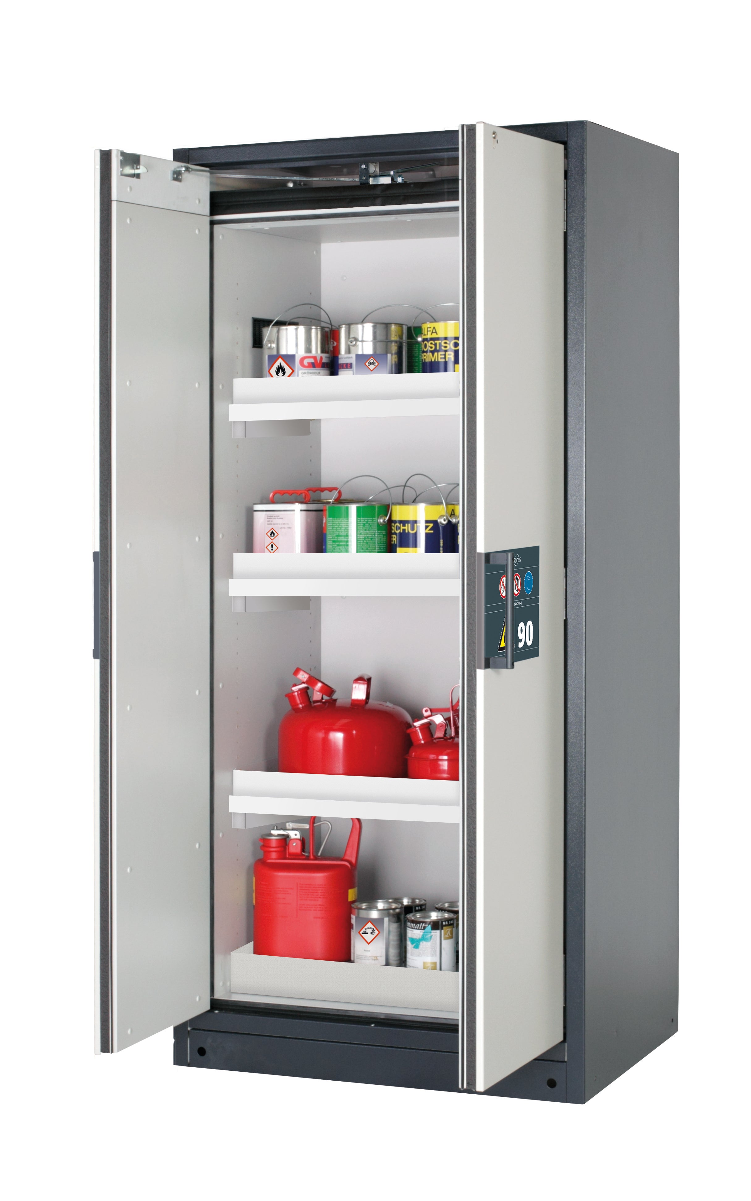 Typ 90 Sicherheitsschrank Q-PEGASUS-90 Modell Q90.195.090.WDAC in lichtgrau RAL 7035 mit 3x Wannenboden Standard (Polypropylen)