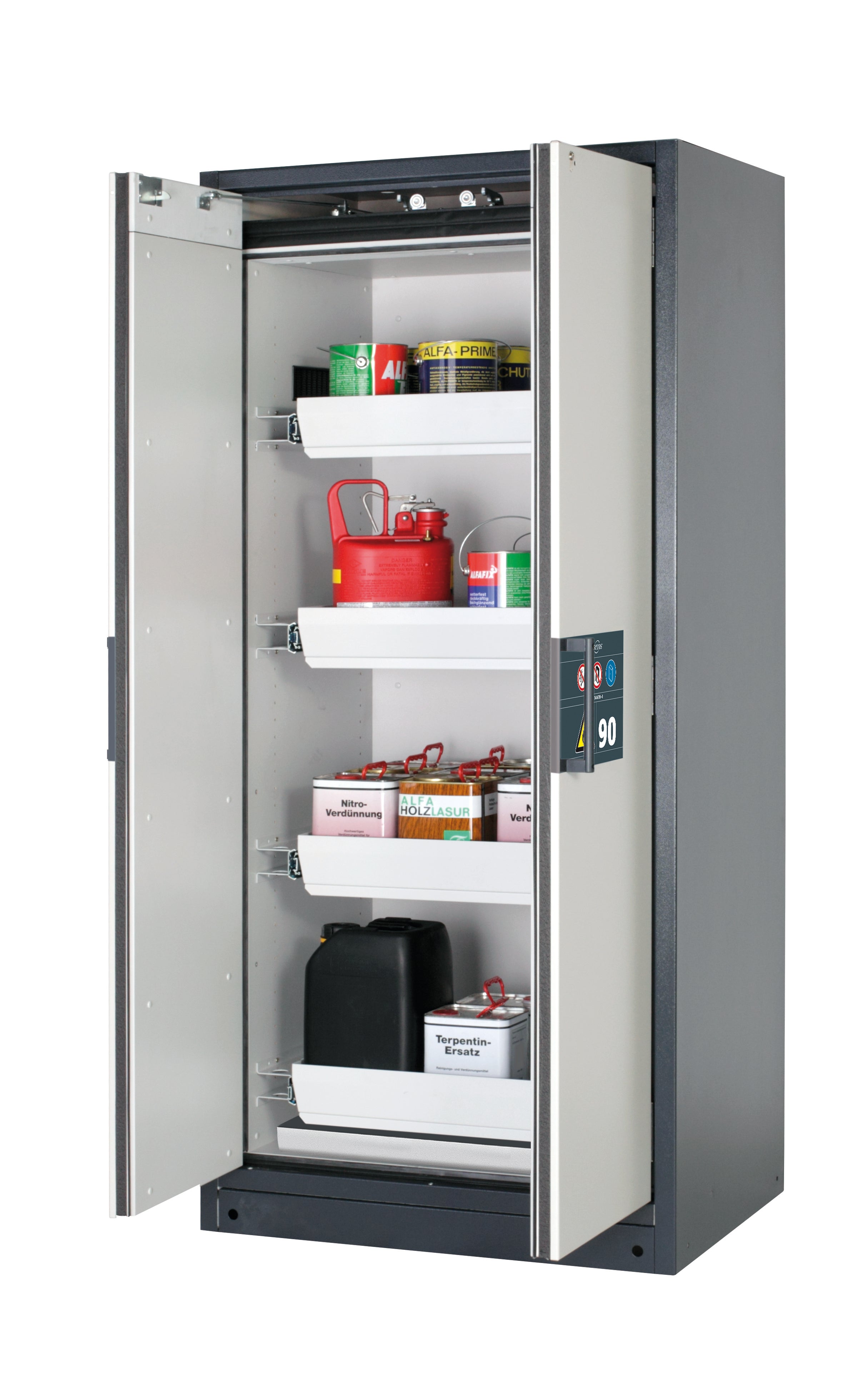 Typ 90 Sicherheitsschrank Q-PEGASUS-90 Modell Q90.195.090.WDAC in lichtgrau RAL 7035 mit 4x Auszugswanne Standard (Stahlblech)