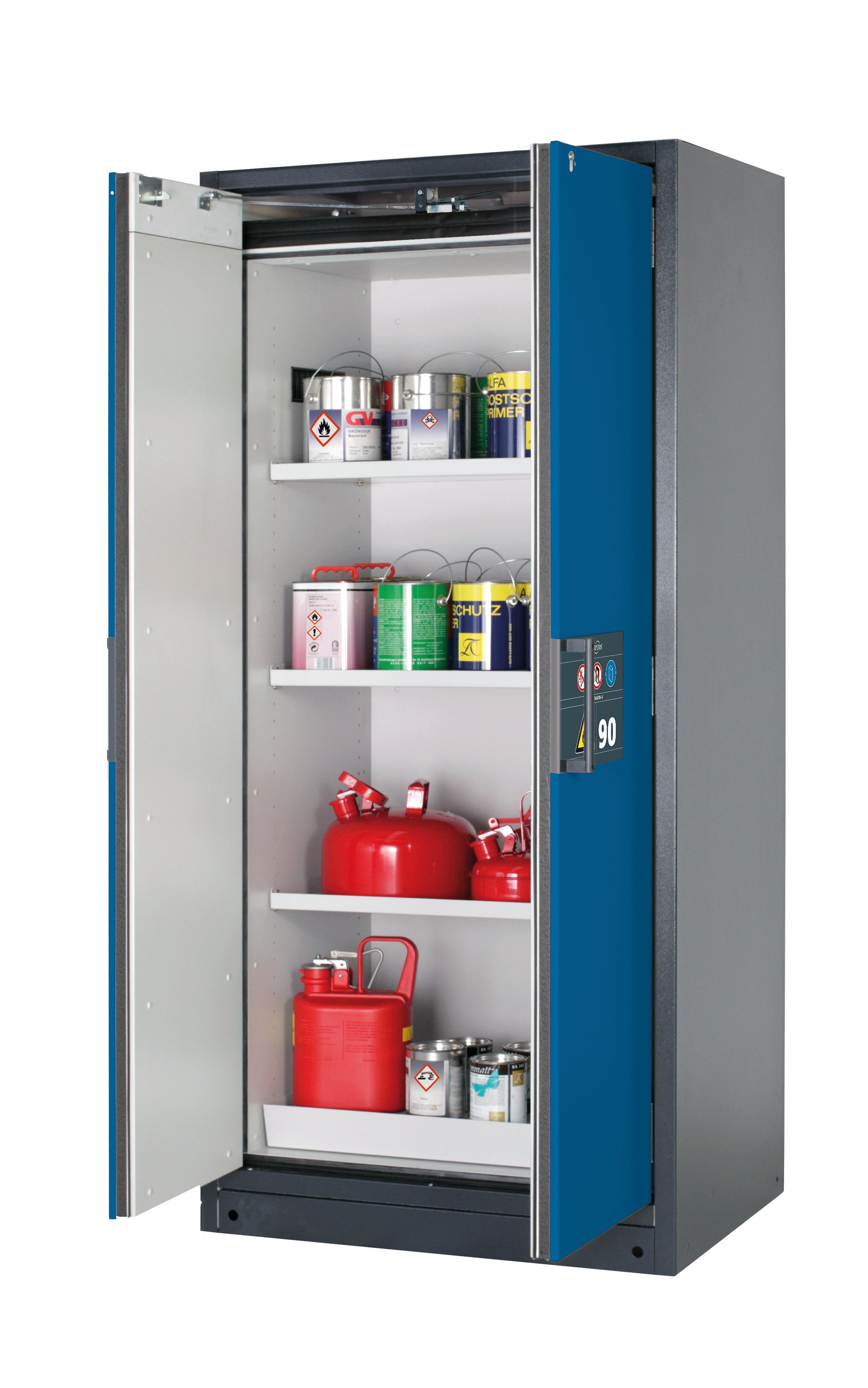 Typ 90 Sicherheitsschrank Q-PEGASUS-90 Modell Q90.195.090.WDAC in enzianblau RAL 5010 mit 3x Fachboden Standard (Stahlblech)
