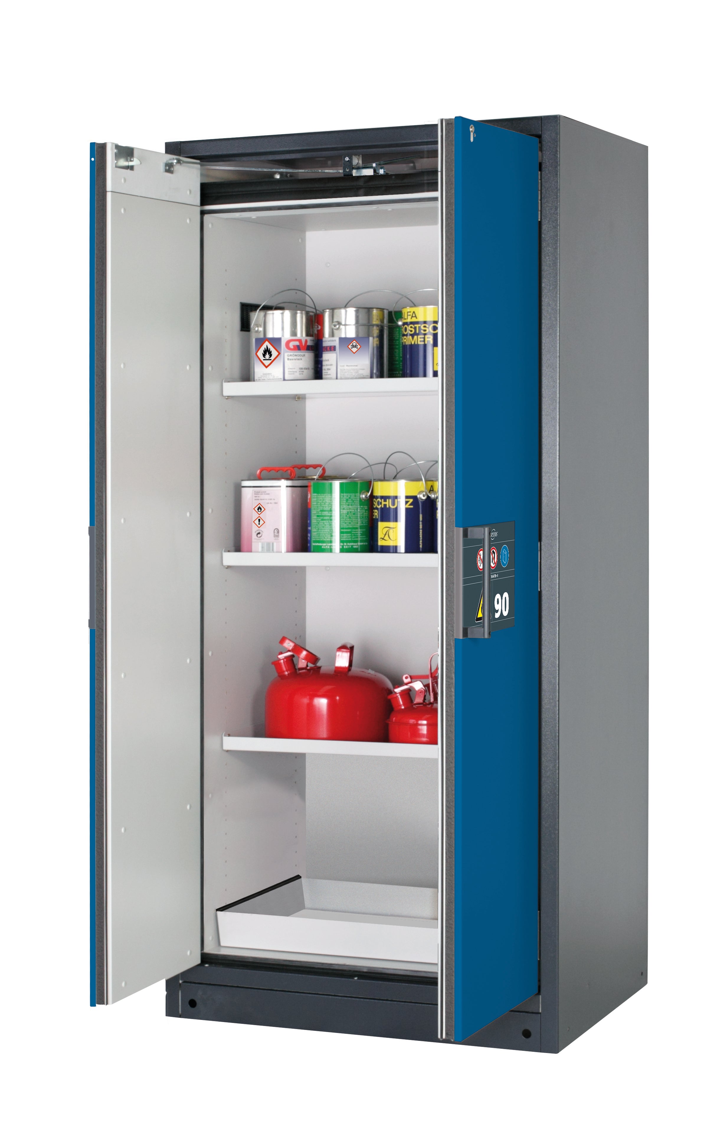 Typ 90 Sicherheitsschrank Q-PEGASUS-90 Modell Q90.195.090.WDAC in enzianblau RAL 5010 mit 3x Fachboden Standard (Stahlblech)
