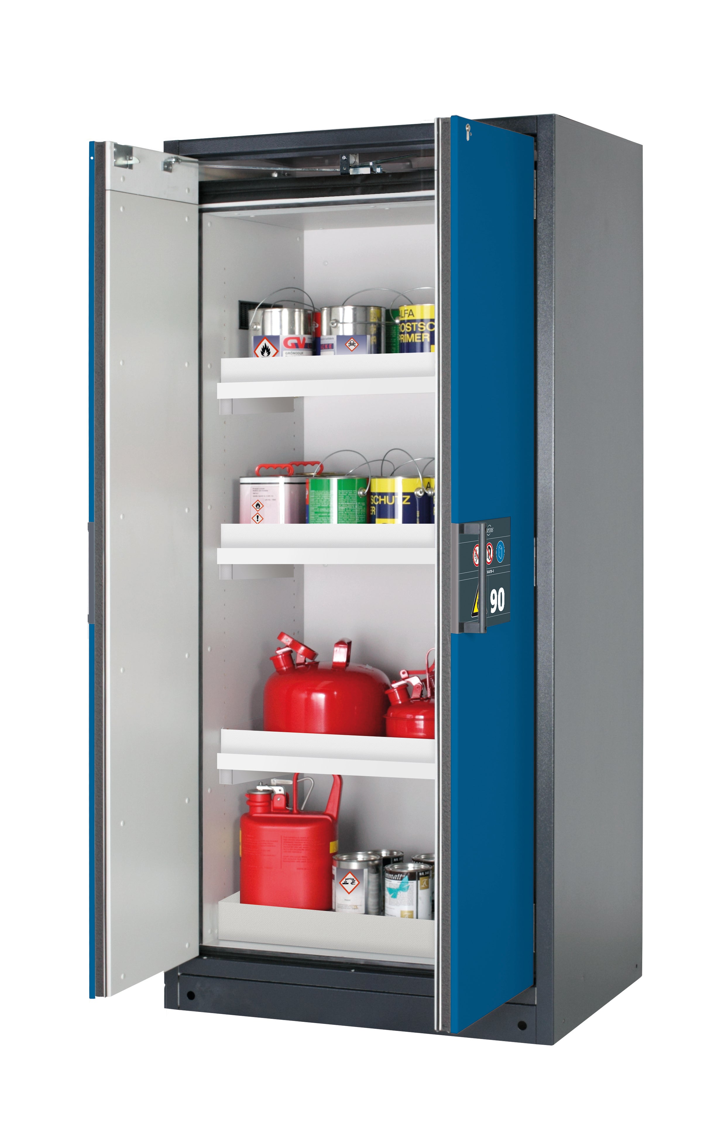 Typ 90 Sicherheitsschrank Q-PEGASUS-90 Modell Q90.195.090.WDAC in enzianblau RAL 5010 mit 3x Wannenboden Standard (Polypropylen)