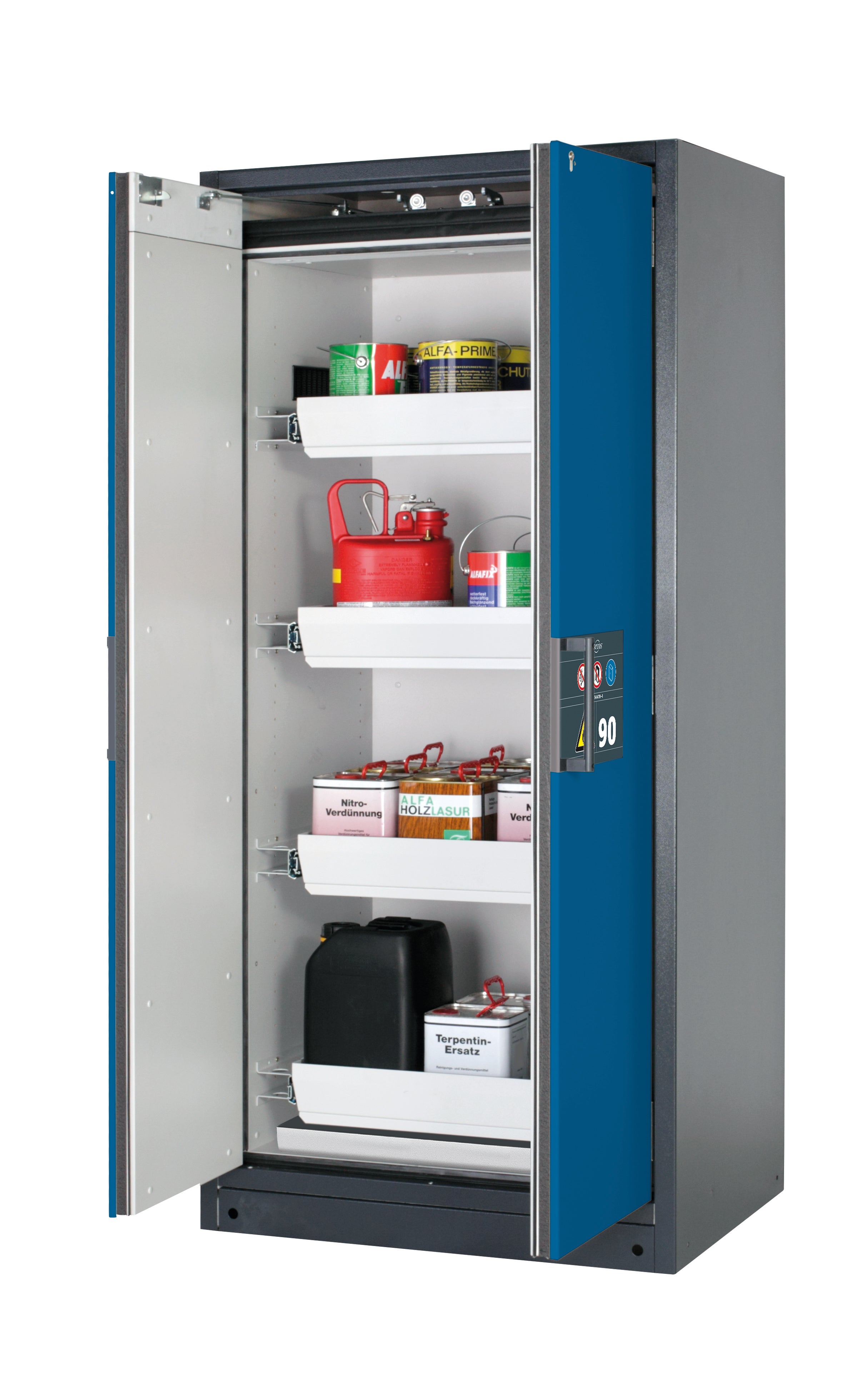 Type 90 safety storage cabinet Q-PEGASUS-90 model Q90.195.090.WDAC in gentian blue RAL 5010 with 4x drawer (standard) (sheet steel),