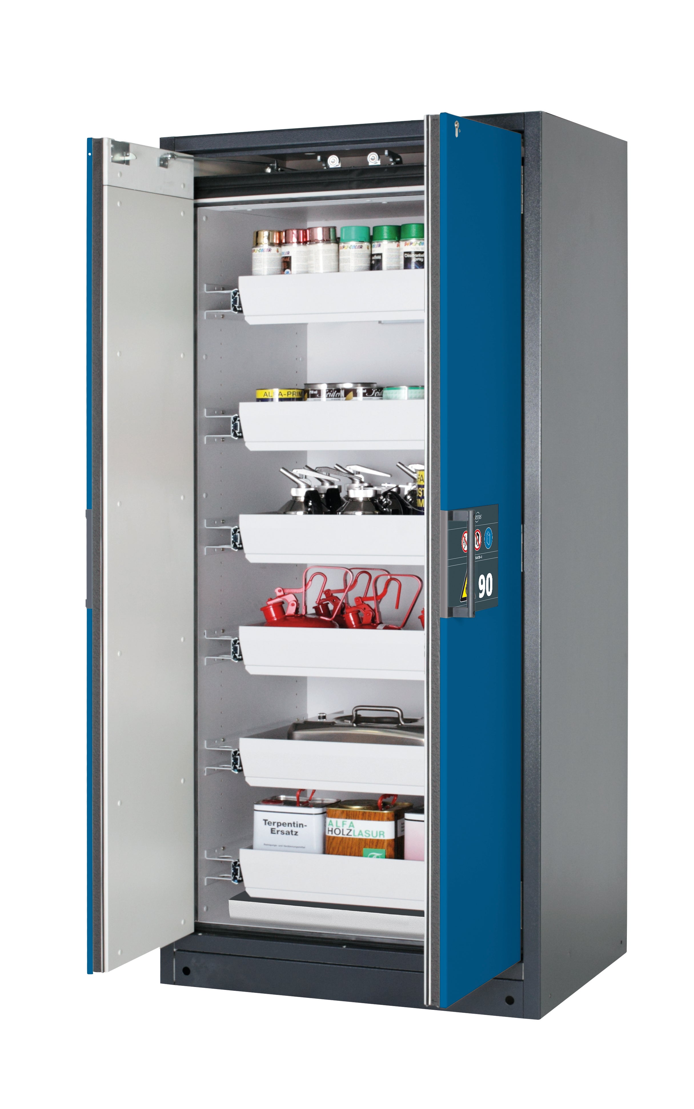 Typ 90 Sicherheitsschrank Q-PEGASUS-90 Modell Q90.195.090.WDAC in enzianblau RAL 5010 mit 6x Auszugswanne Standard (Stahlblech)