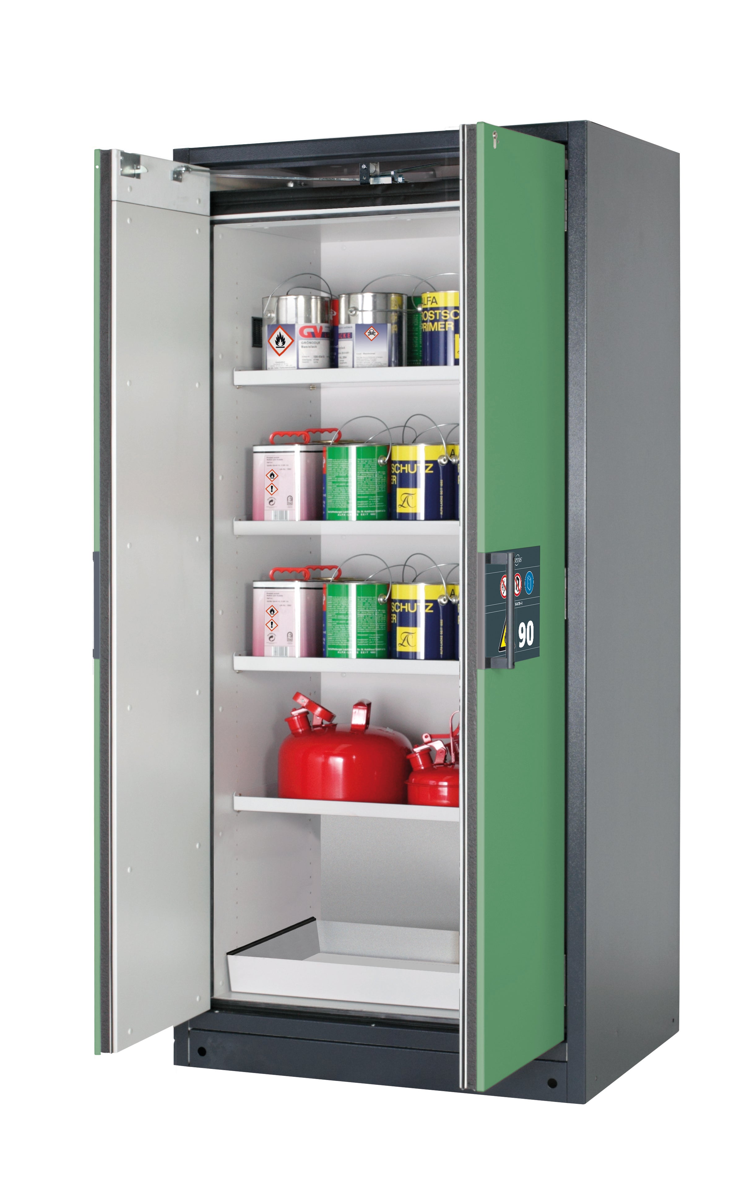 Typ 90 Sicherheitsschrank Q-PEGASUS-90 Modell Q90.195.090.WDAC in resedagrün RAL 6011 mit 4x Fachboden Standard (Stahlblech)