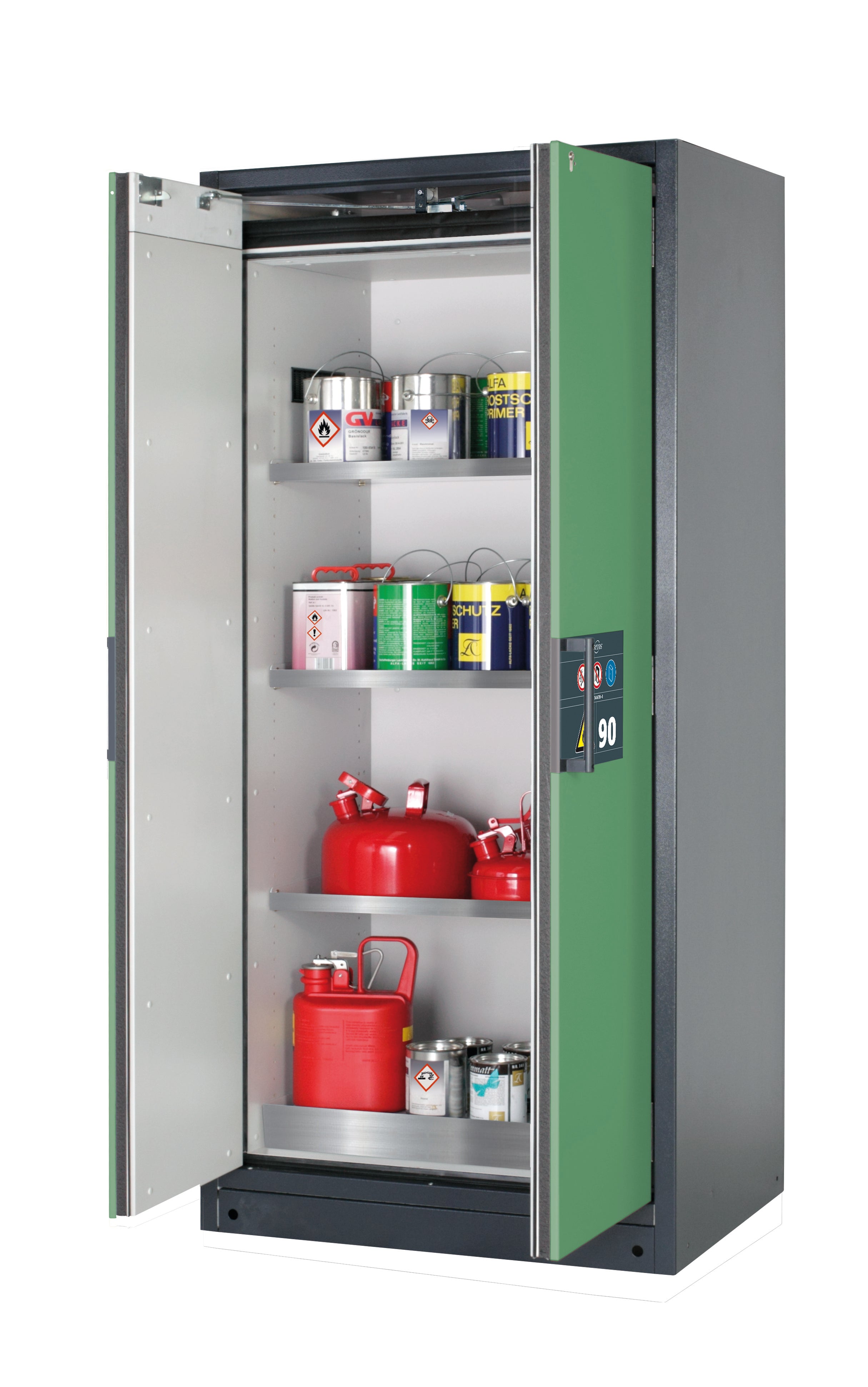 Typ 90 Sicherheitsschrank Q-PEGASUS-90 Modell Q90.195.090.WDAC in resedagrün RAL 6011 mit 3x Fachboden Standard (Edelstahl 1.4301)