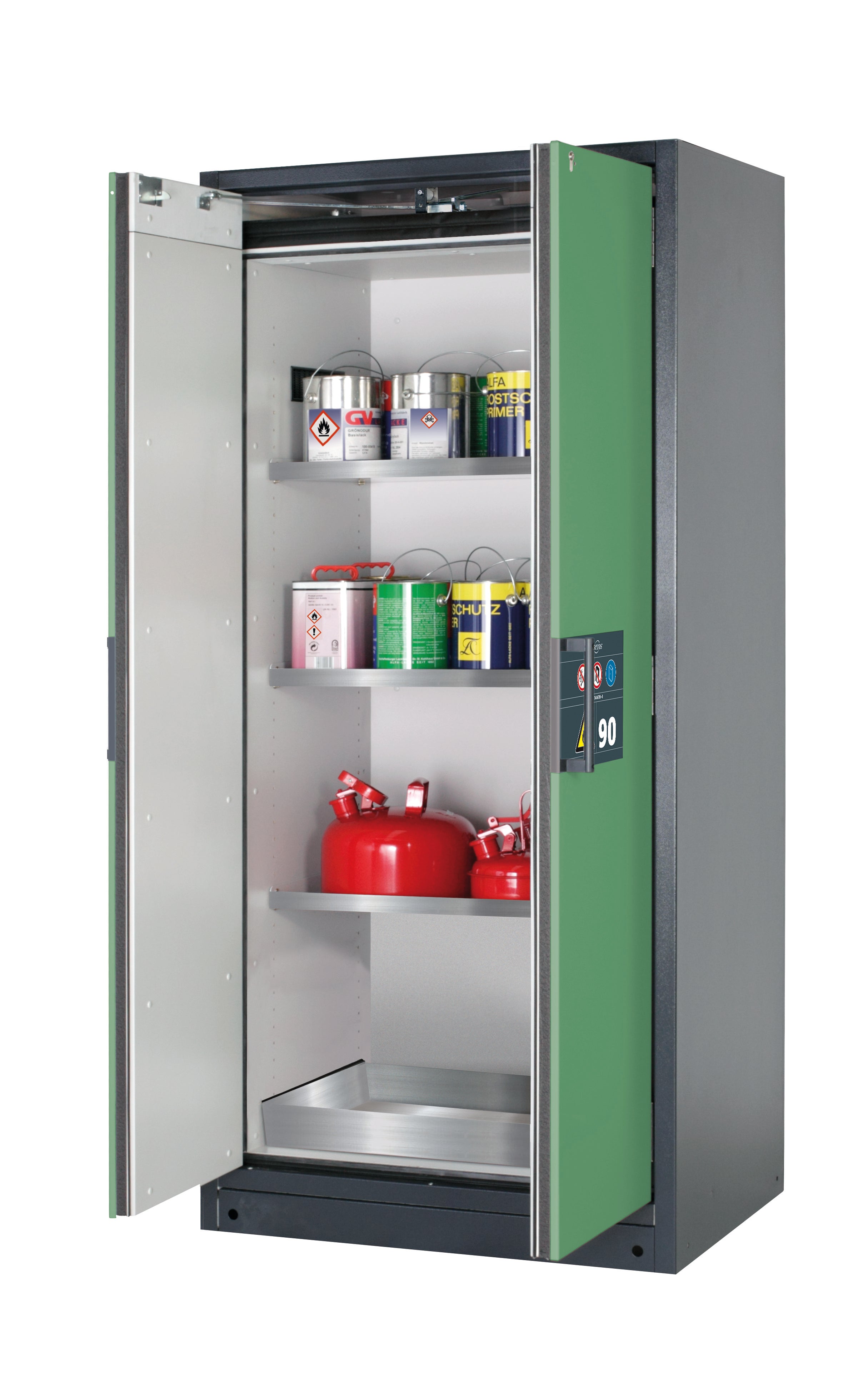 Typ 90 Sicherheitsschrank Q-PEGASUS-90 Modell Q90.195.090.WDAC in resedagrün RAL 6011 mit 3x Fachboden Standard (Edelstahl 1.4301)