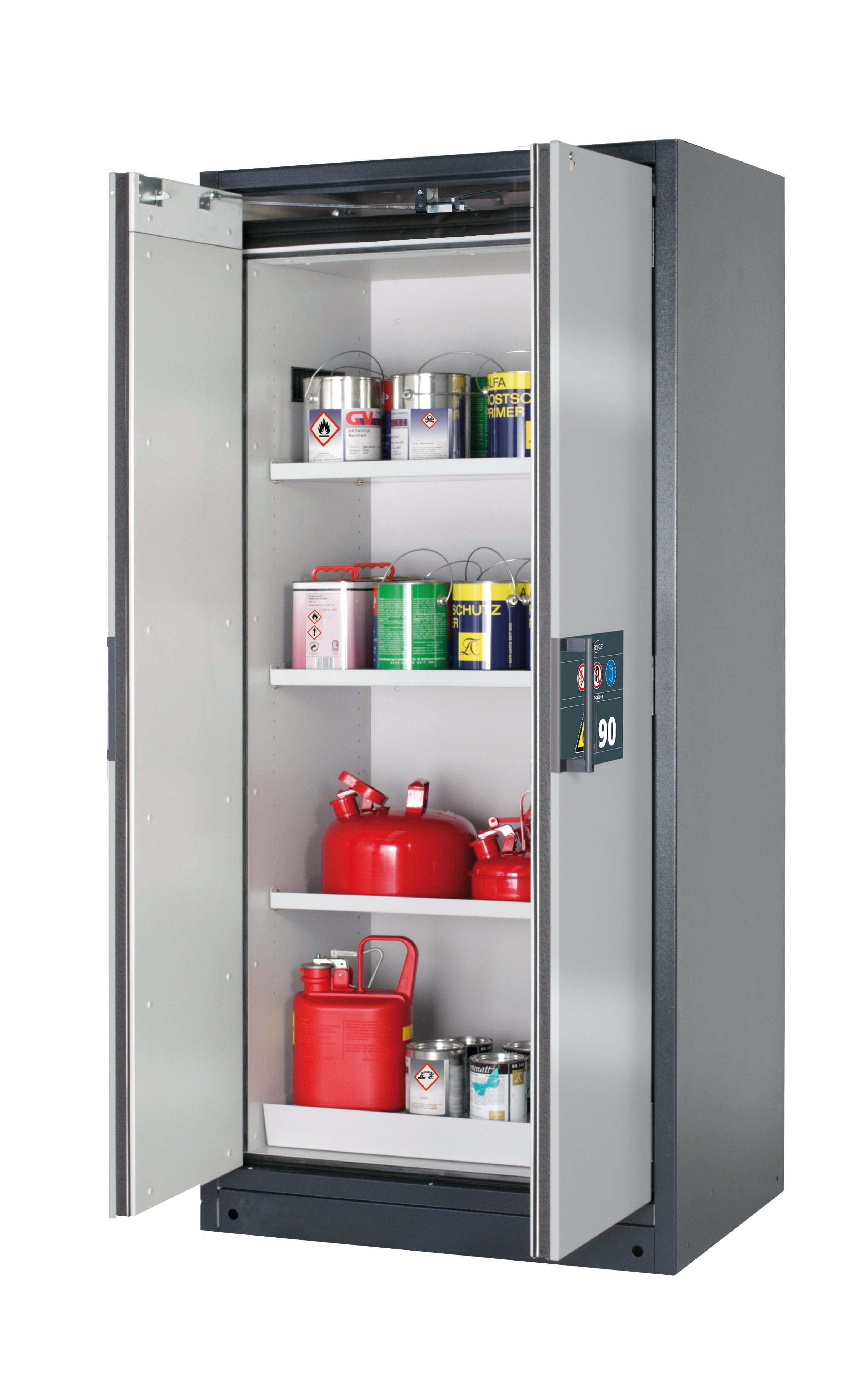 Typ 90 Sicherheitsschrank Q-PEGASUS-90 Modell Q90.195.090.WDAC in asecos Silber mit 3x Fachboden Standard (Stahlblech)