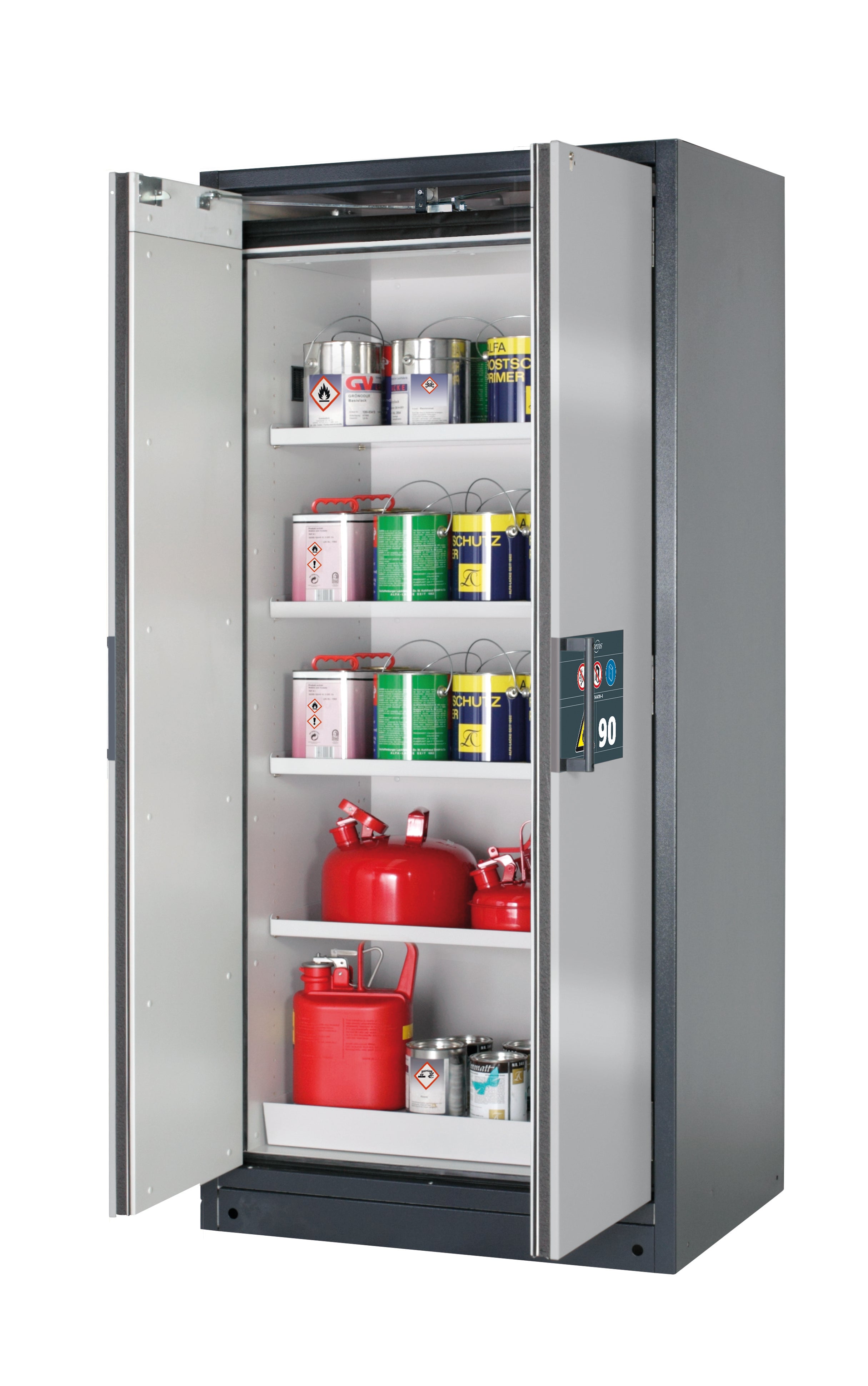Typ 90 Sicherheitsschrank Q-PEGASUS-90 Modell Q90.195.090.WDAC in asecos Silber mit 4x Fachboden Standard (Stahlblech)
