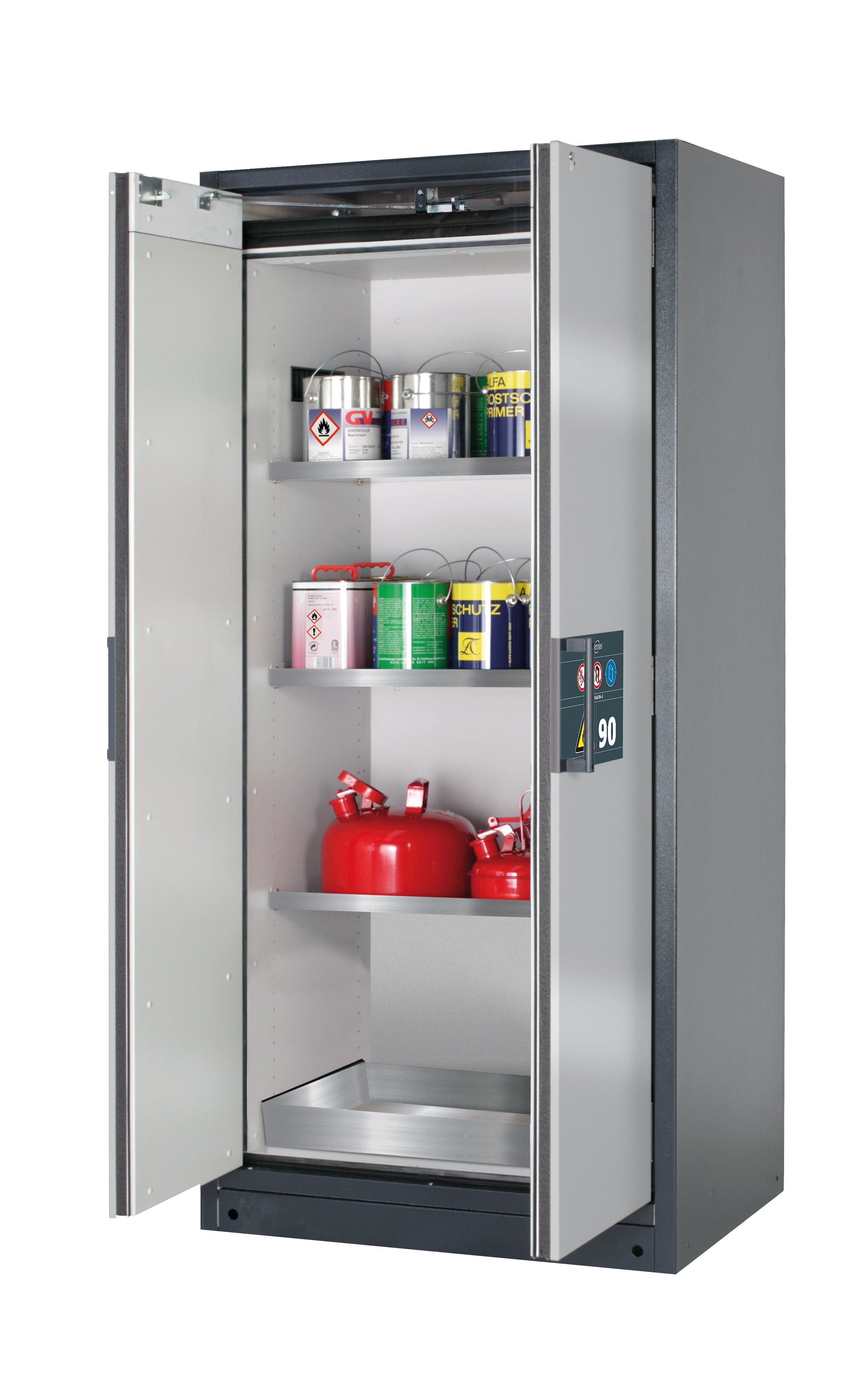 Typ 90 Sicherheitsschrank Q-PEGASUS-90 Modell Q90.195.090.WDAC in asecos Silber mit 3x Fachboden Standard (Edelstahl 1.4301)