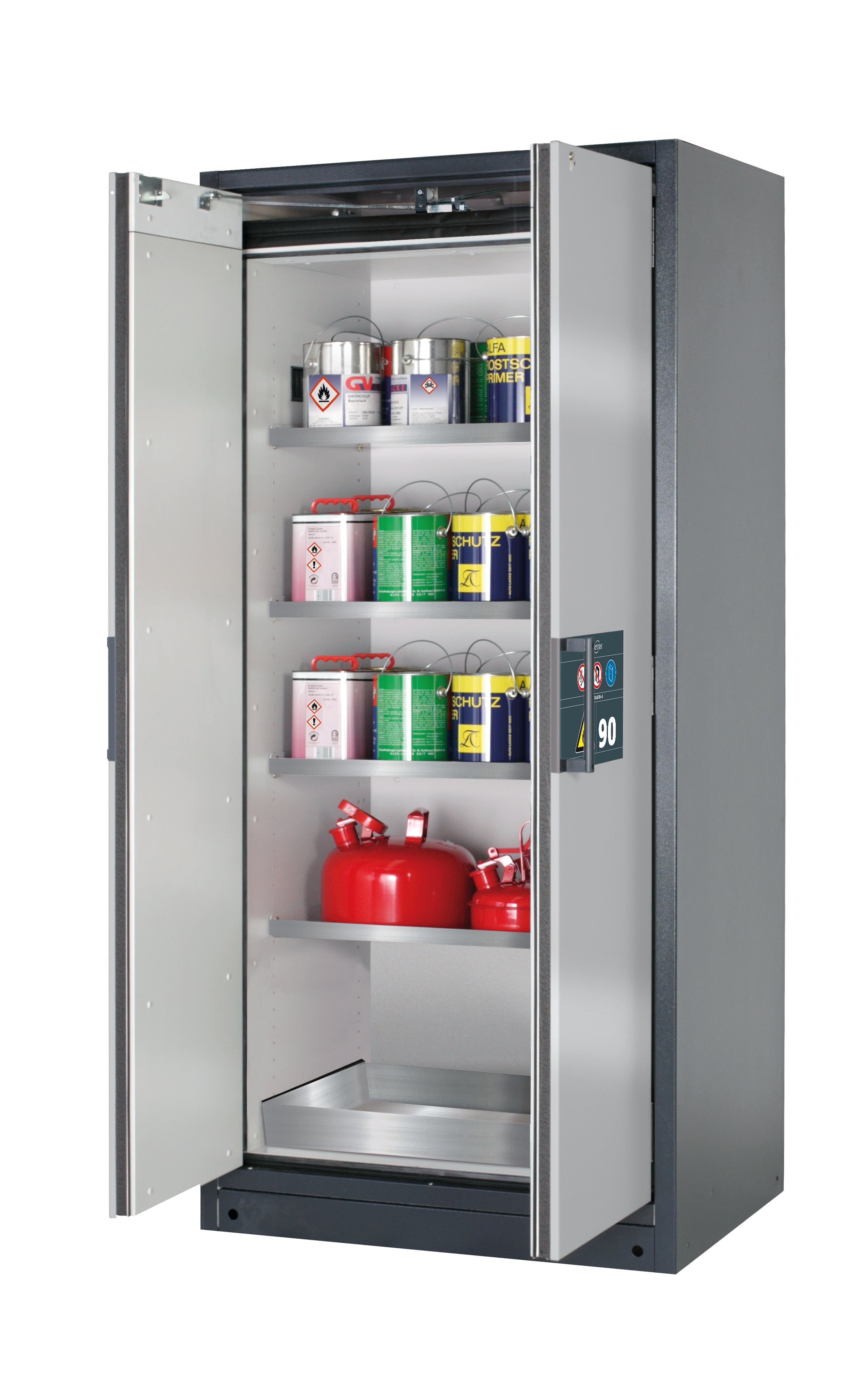 Typ 90 Sicherheitsschrank Q-PEGASUS-90 Modell Q90.195.090.WDAC in asecos Silber mit 4x Fachboden Standard (Edelstahl 1.4301)