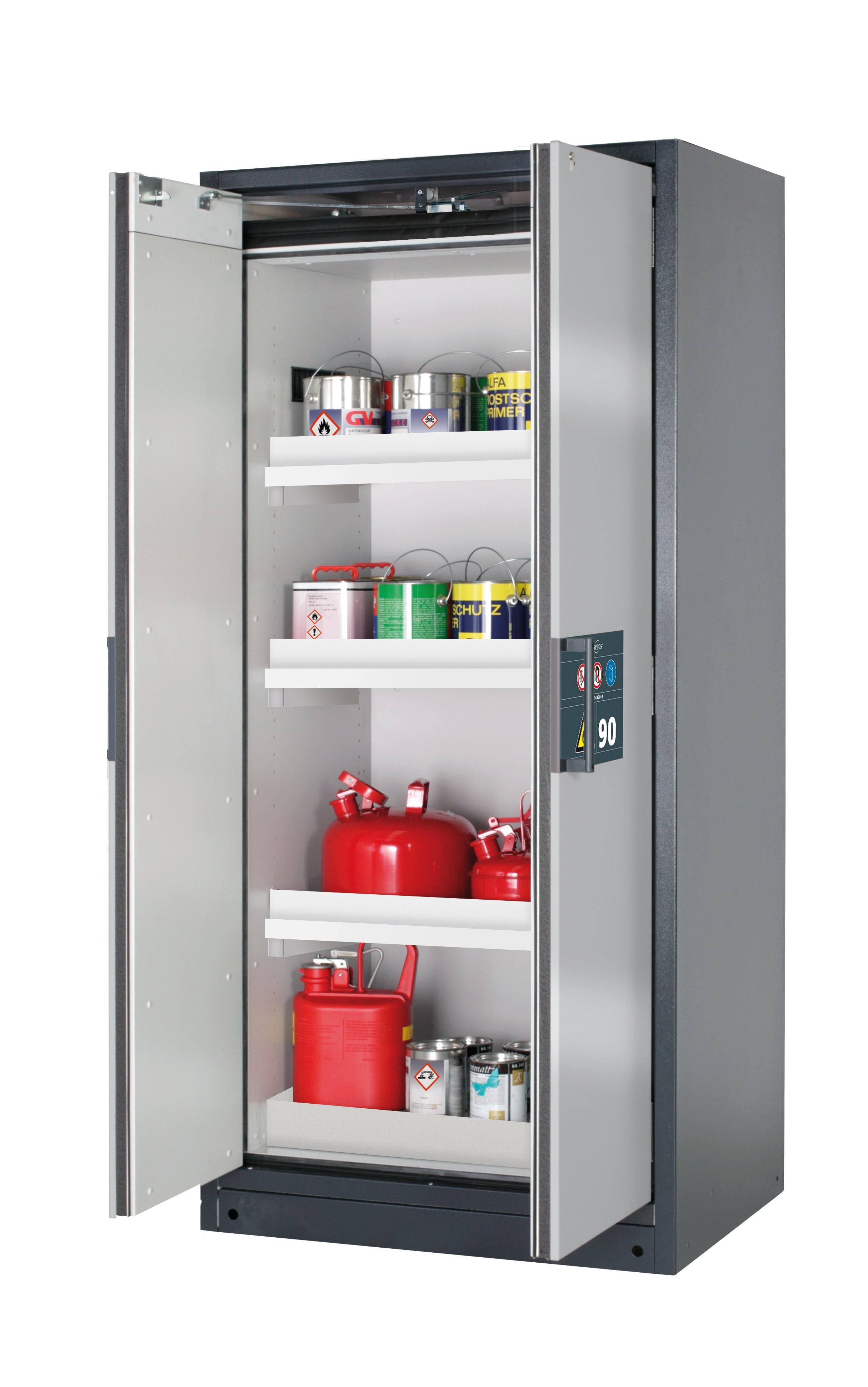 Typ 90 Sicherheitsschrank Q-PEGASUS-90 Modell Q90.195.090.WDAC in asecos Silber mit 3x Wannenboden Standard (Polypropylen)