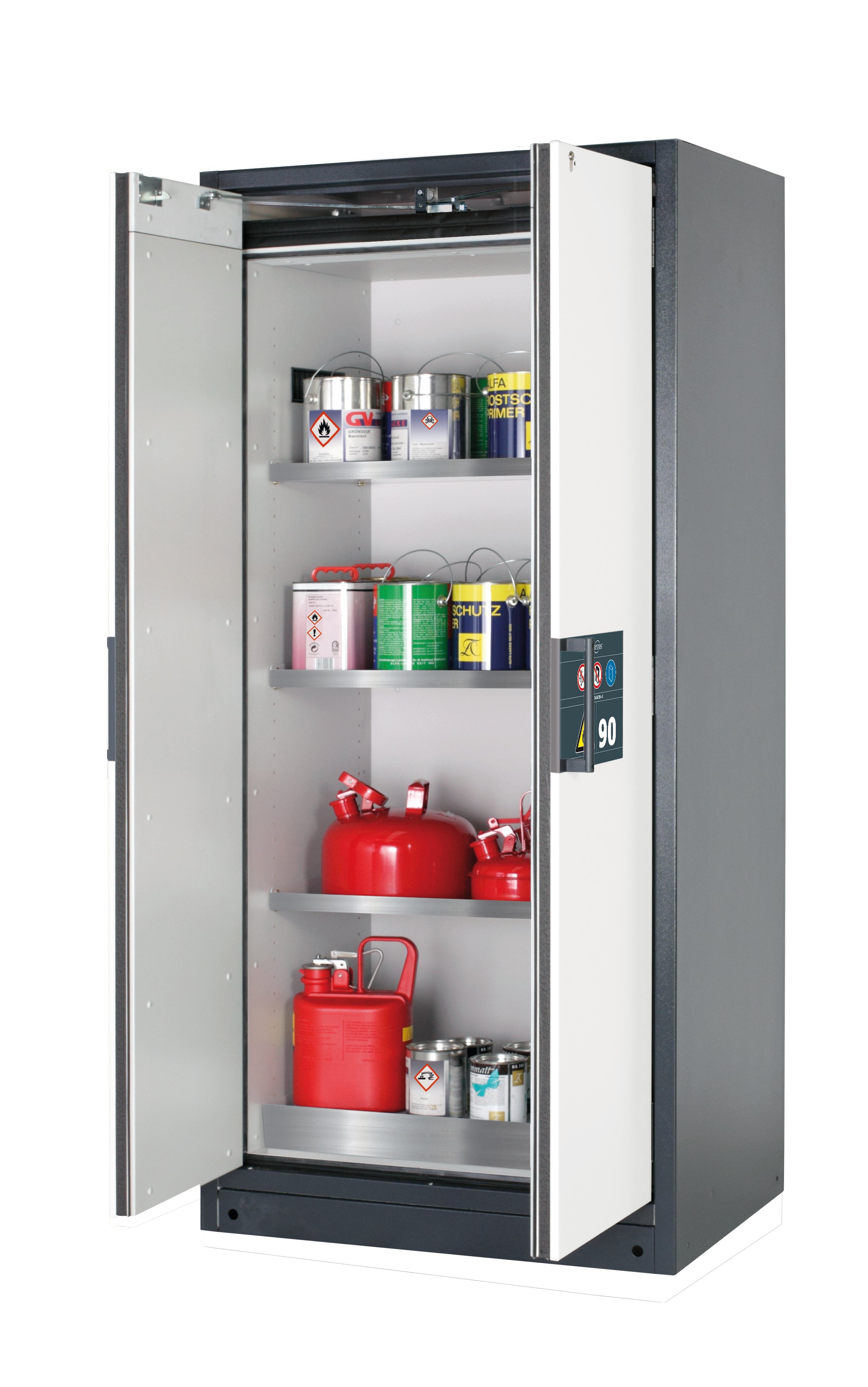 Typ 90 Sicherheitsschrank Q-PEGASUS-90 Modell Q90.195.090.WDAC in reinweiss RAL 9010 mit 3x Fachboden Standard (Edelstahl 1.4301)