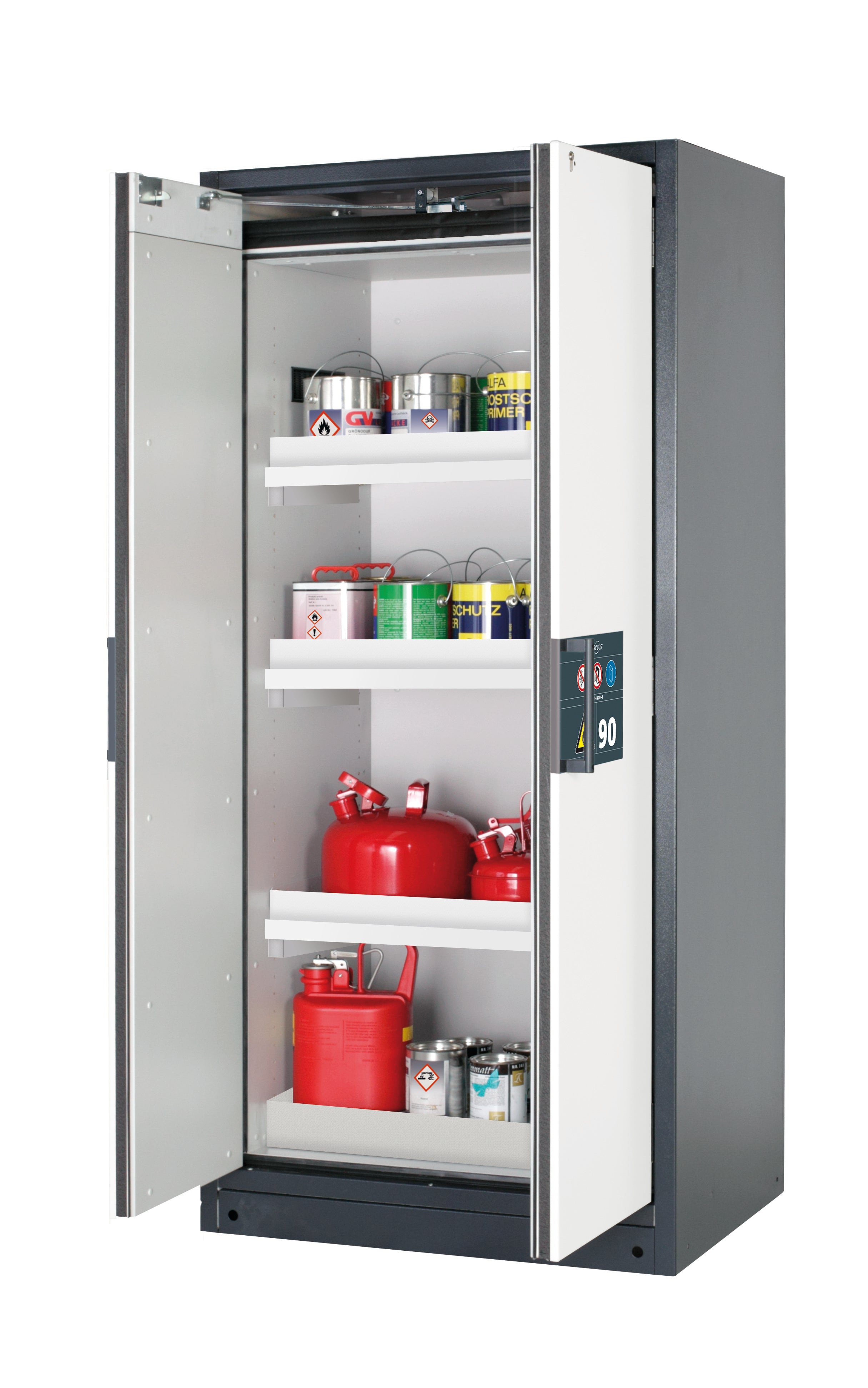 Typ 90 Sicherheitsschrank Q-PEGASUS-90 Modell Q90.195.090.WDAC in reinweiss RAL 9010 mit 3x Wannenboden Standard (Polypropylen)