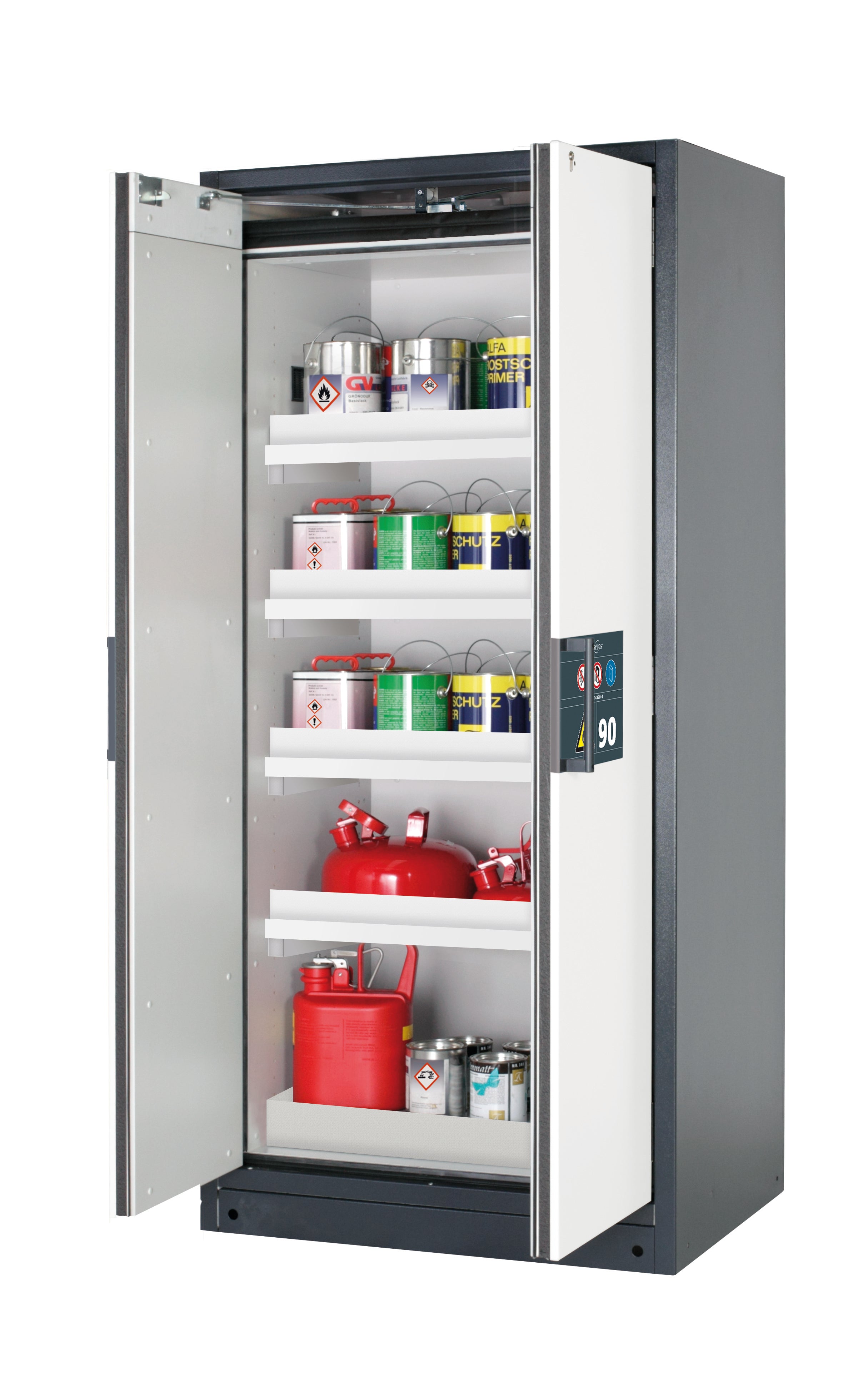Typ 90 Sicherheitsschrank Q-PEGASUS-90 Modell Q90.195.090.WDAC in reinweiss RAL 9010 mit 4x Wannenboden Standard (Polypropylen)