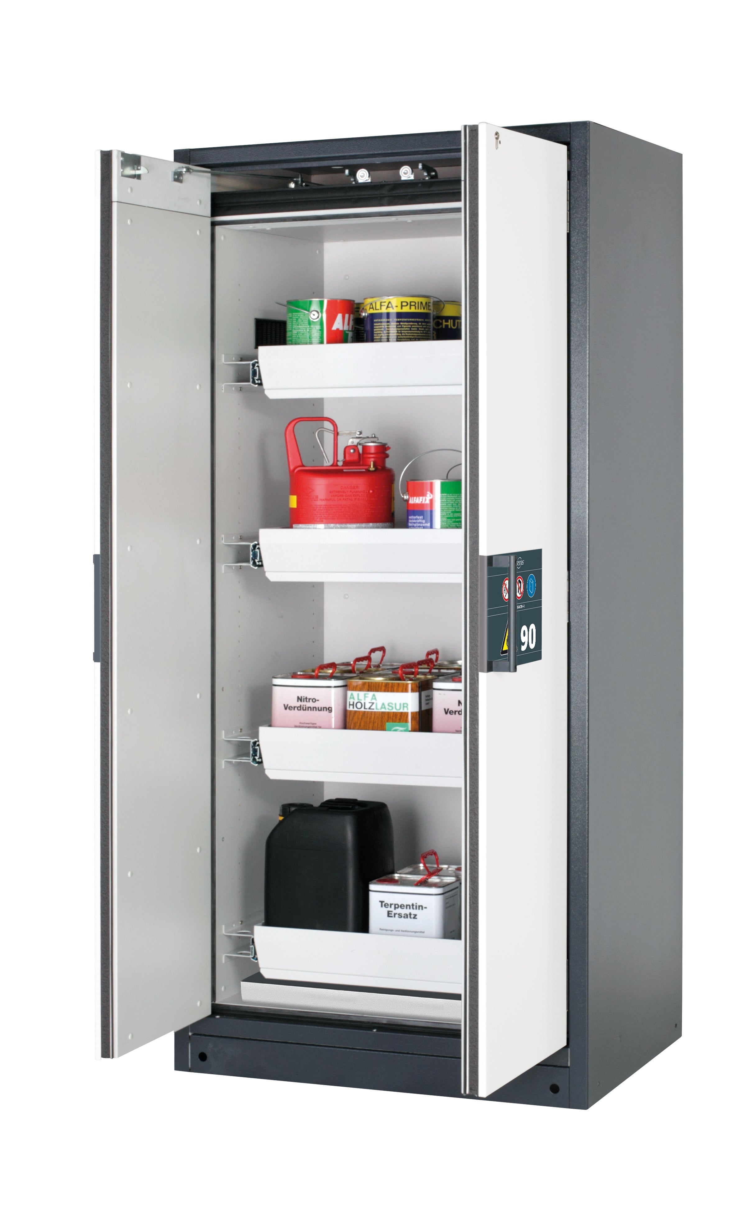 Typ 90 Sicherheitsschrank Q-PEGASUS-90 Modell Q90.195.090.WDAC in reinweiss RAL 9010 mit 4x Auszugswanne Standard (Stahlblech)