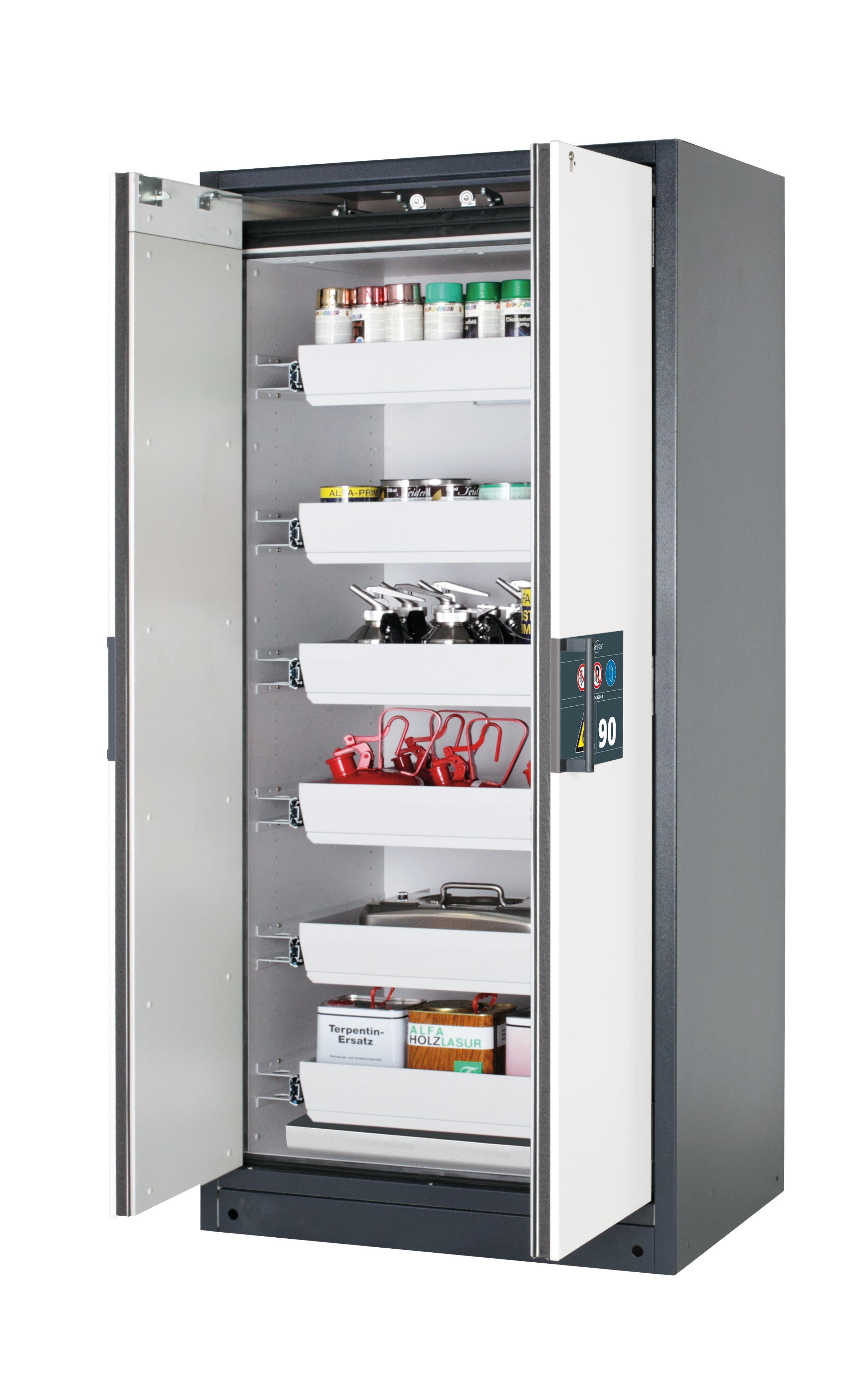 Typ 90 Sicherheitsschrank Q-PEGASUS-90 Modell Q90.195.090.WDAC in reinweiss RAL 9010 mit 6x Auszugswanne Standard (Stahlblech)