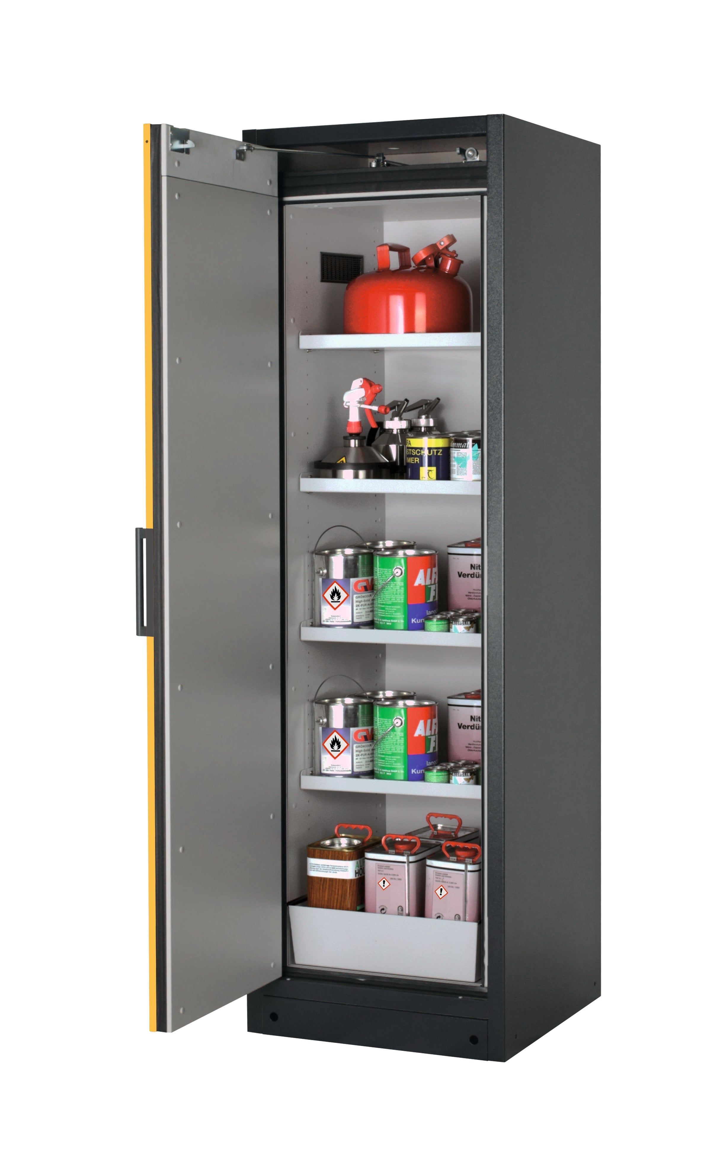 Typ 90 Sicherheitsschrank Q-CLASSIC-90 Modell Q90.195.060 in sicherheitsgelb RAL 1004 mit 4x Fachboden Standard (Stahlblech)