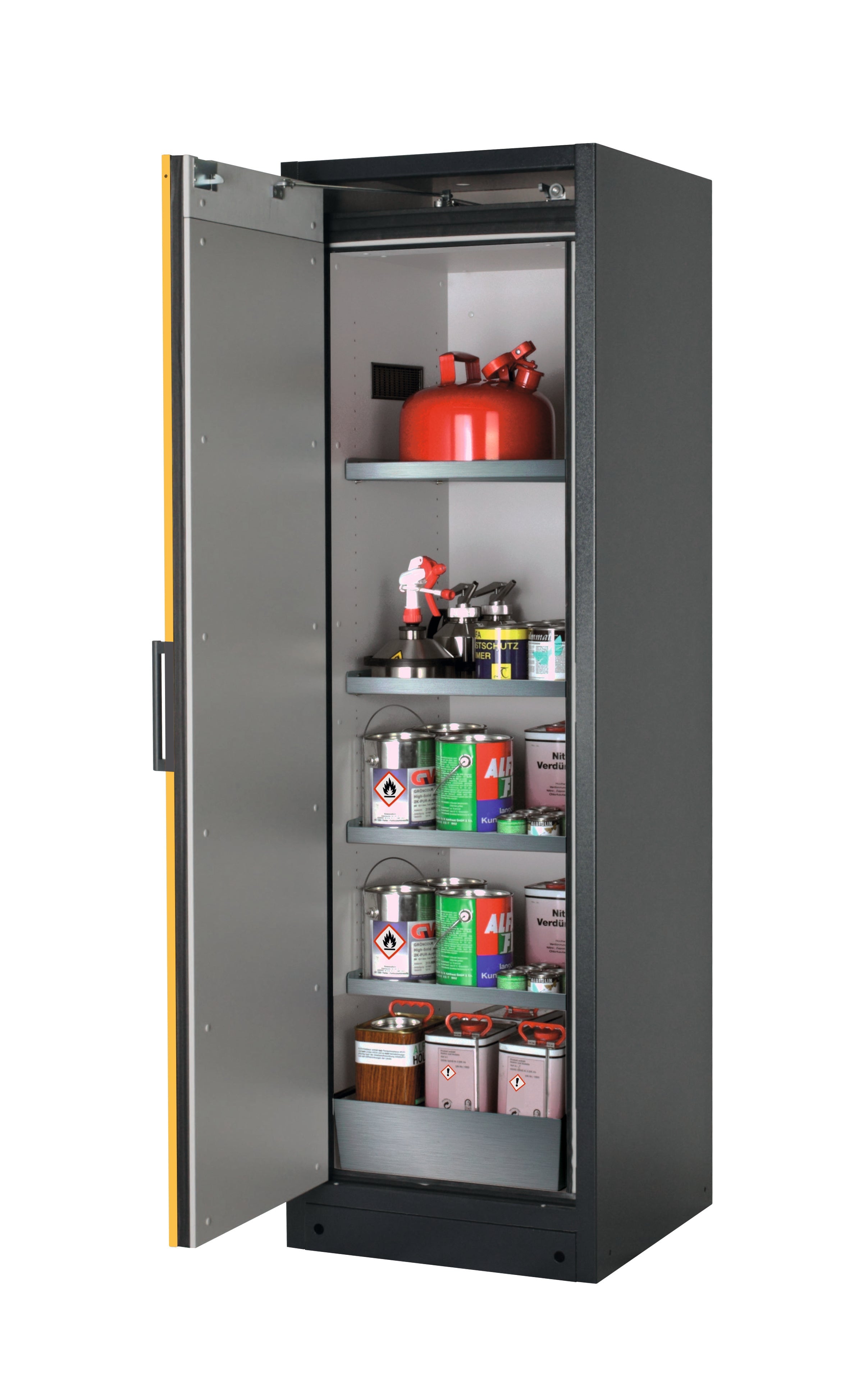 Type 90 safety storage cabinet Q-PEGASUS-90 model Q90.195.060.WDAC in warning yellow RAL 1004 with 4x shelf standard (stainless steel 1.4301),