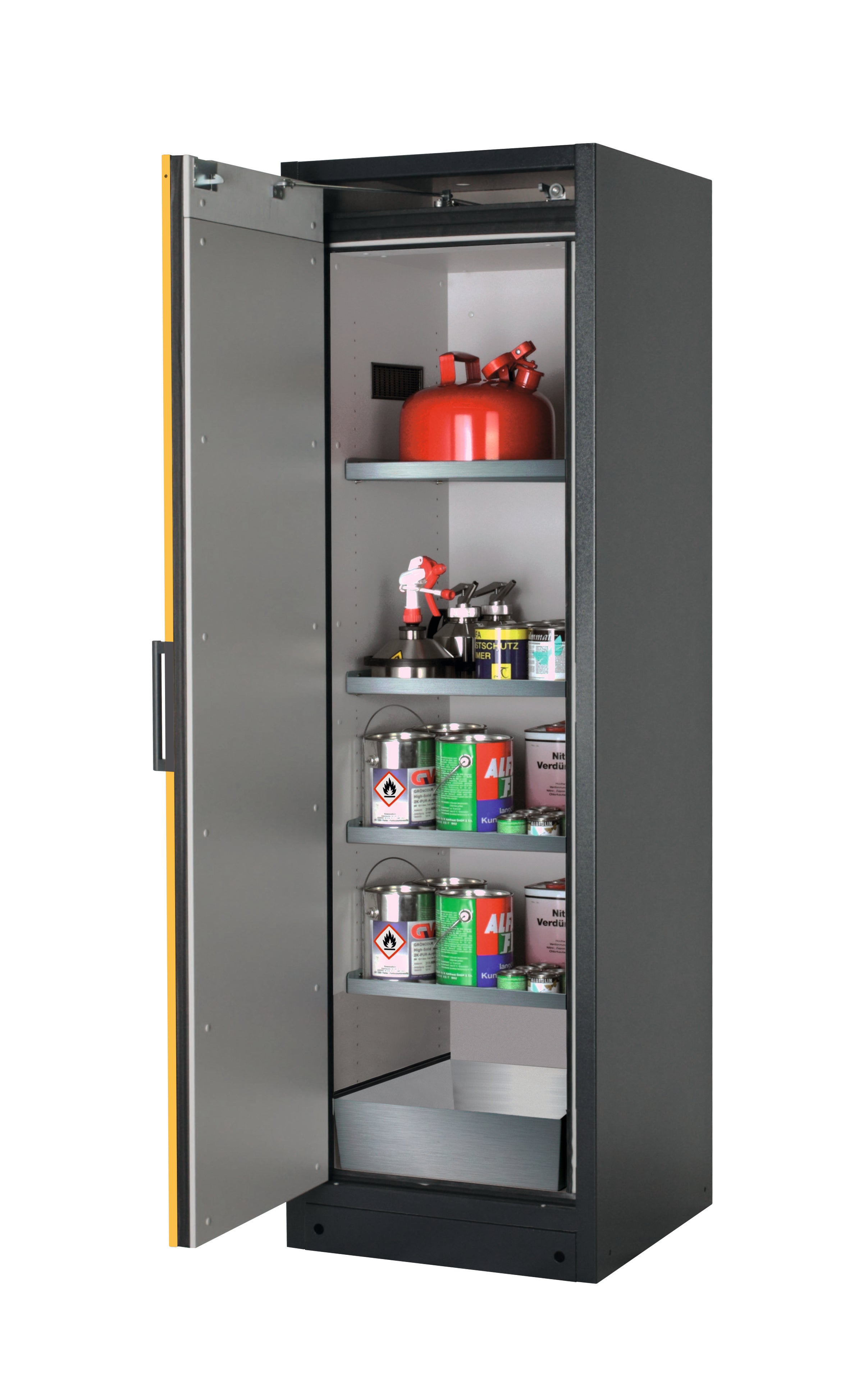 Type 90 safety storage cabinet Q-PEGASUS-90 model Q90.195.060.WDAC in warning yellow RAL 1004 with 4x shelf standard (stainless steel 1.4301),