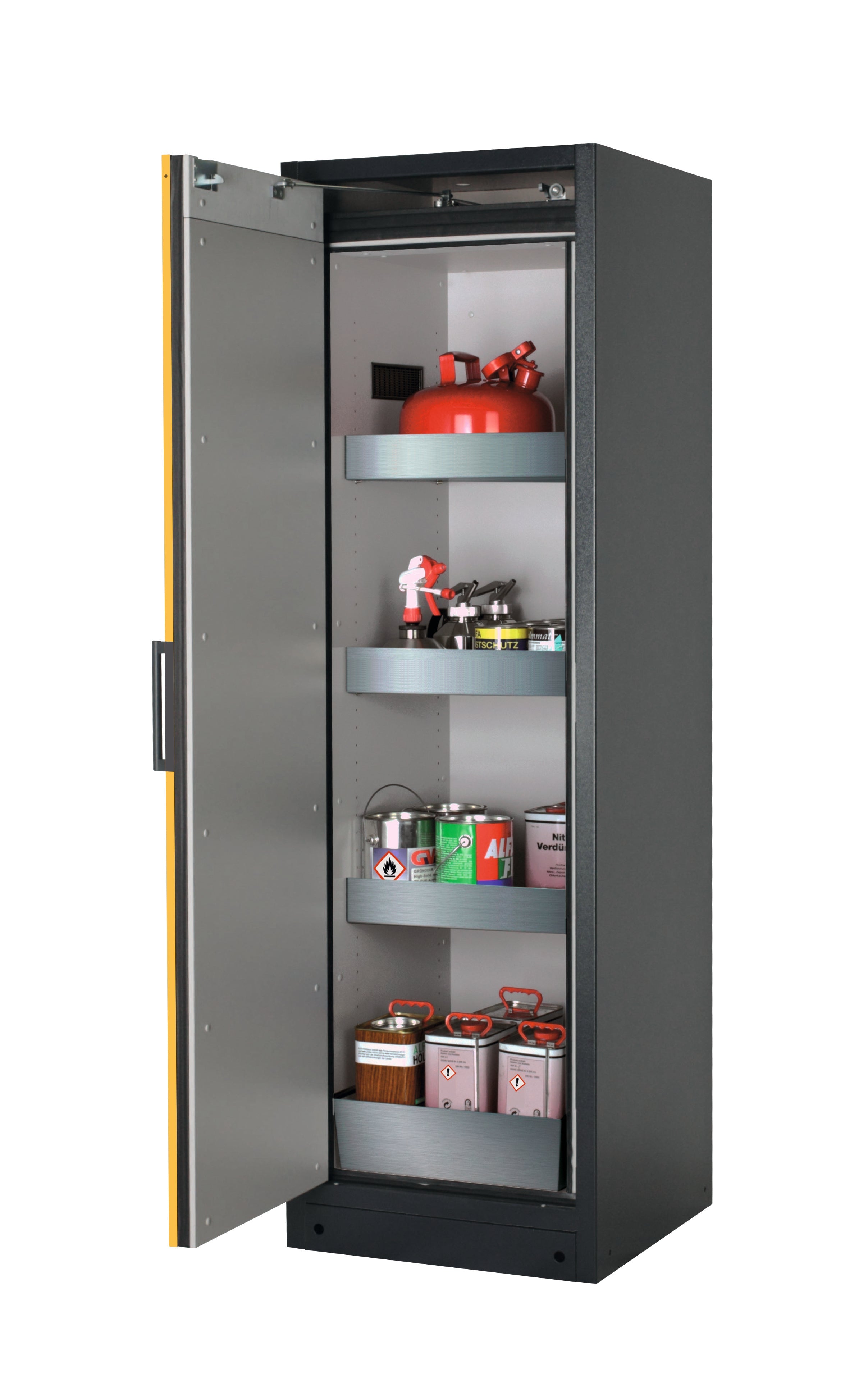 Type 90 safety storage cabinet Q-PEGASUS-90 model Q90.195.060.WDAC in warning yellow RAL 1004 with 3x tray shelf (standard) (stainless steel 1.4301),