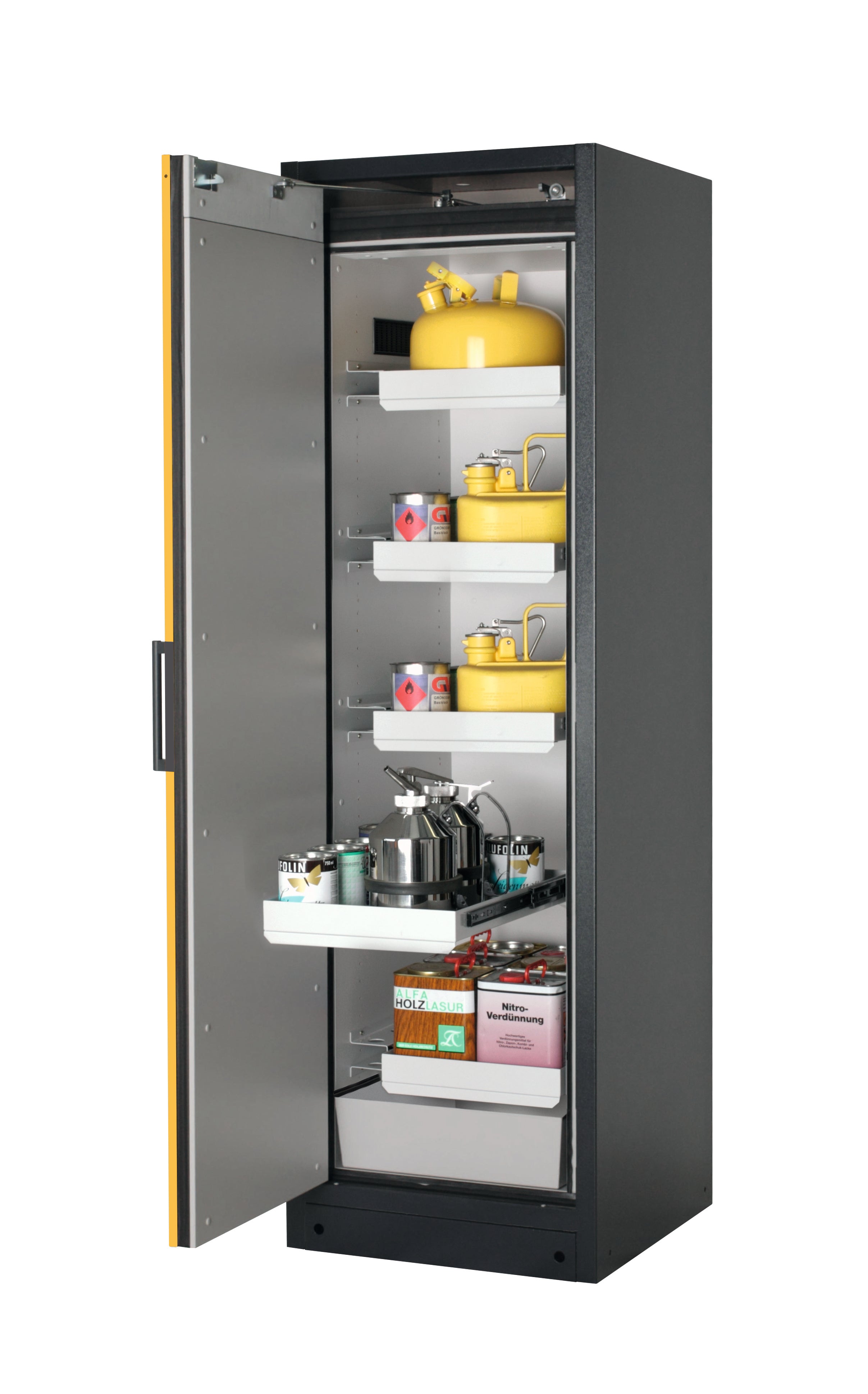 Typ 90 Sicherheitsschrank Q-CLASSIC-90 Modell Q90.195.060 in sicherheitsgelb RAL 1004 mit 4x Auszugswanne Standard (Stahlblech)
