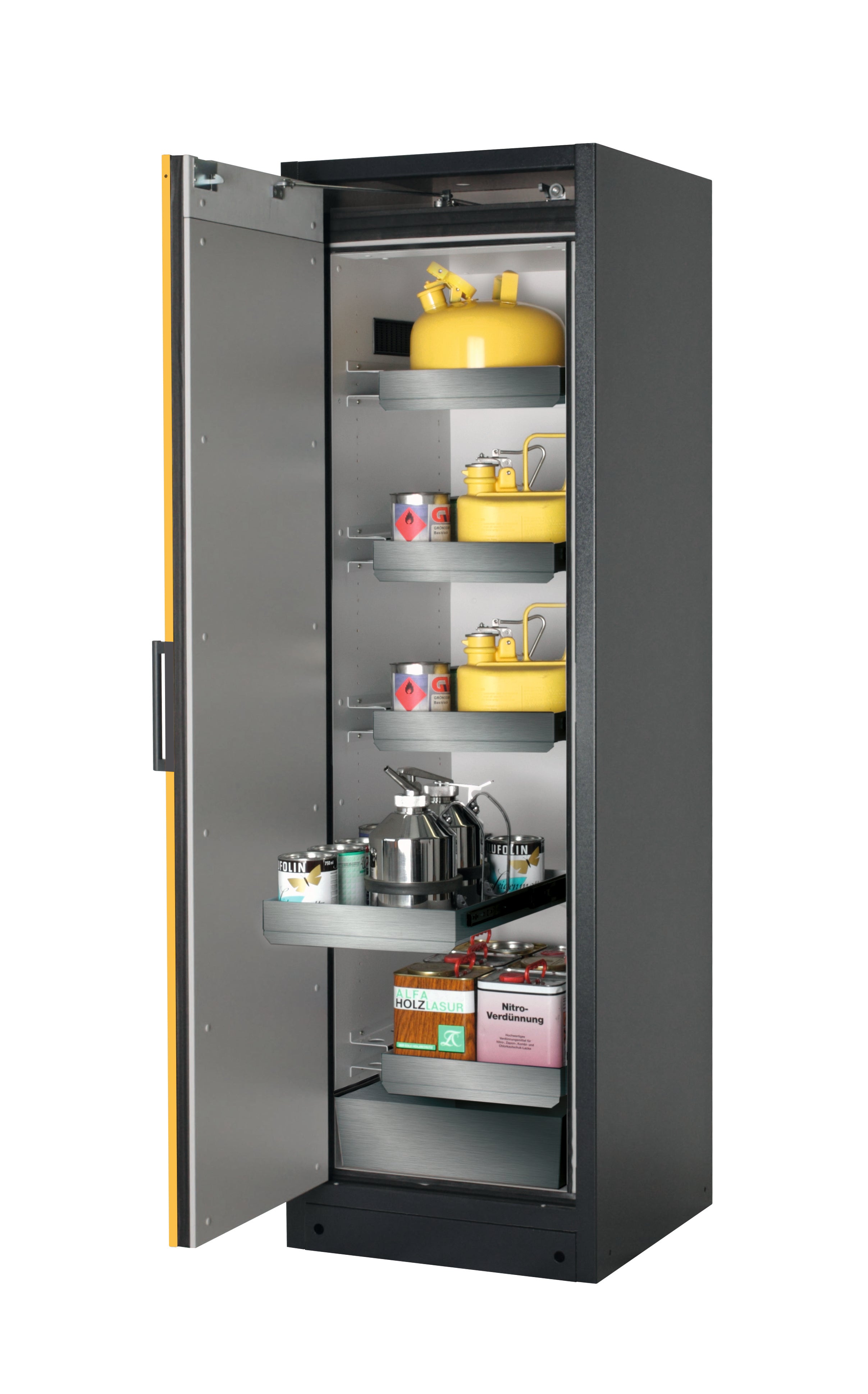 Type 90 safety storage cabinet Q-PEGASUS-90 model Q90.195.060.WDAC in warning yellow RAL 1004 with 4x drawer (standard) (stainless steel 1.4301),