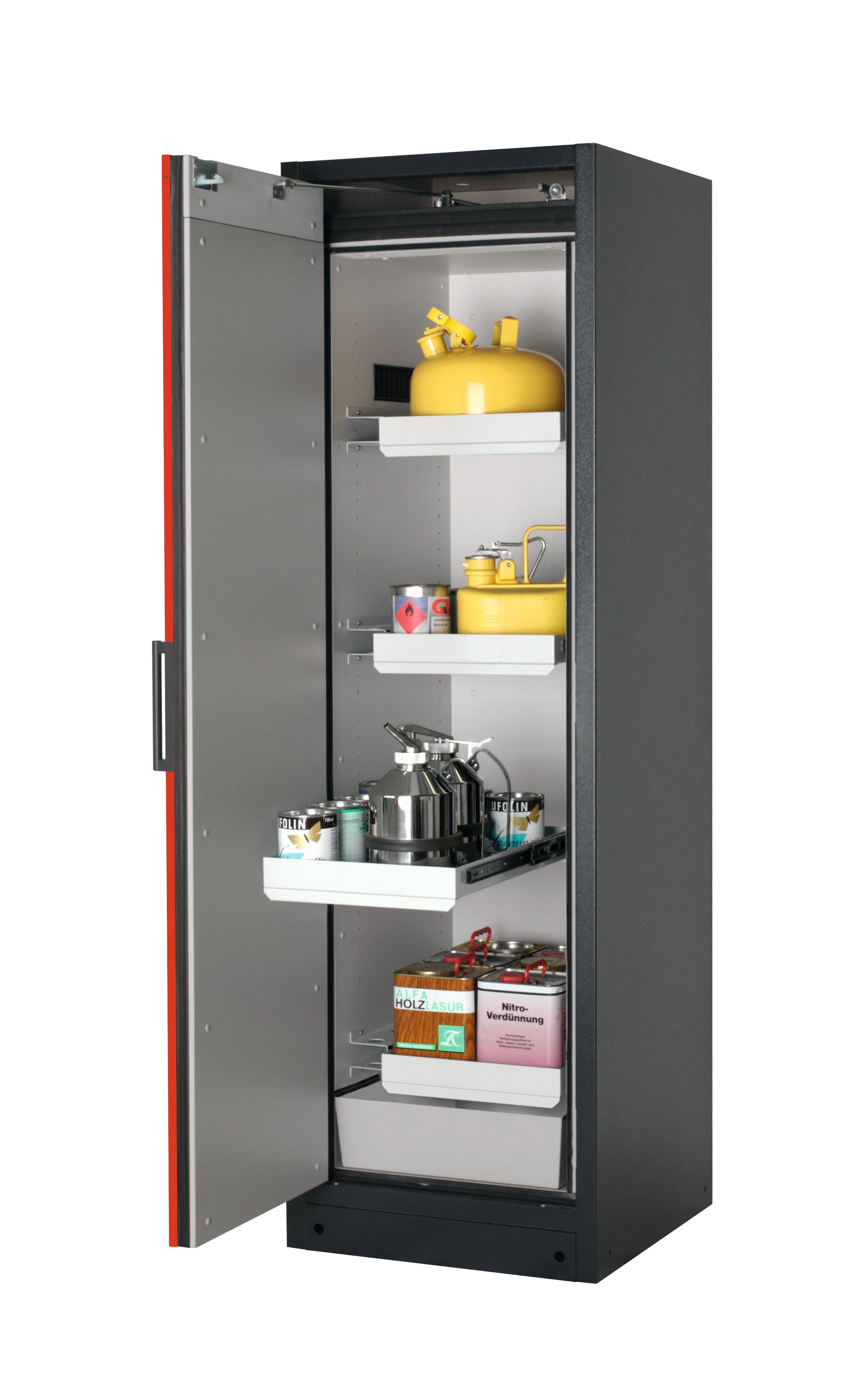 Typ 90 Sicherheitsschrank Q-CLASSIC-90 Modell Q90.195.060 in verkehrsrot RAL 3020 mit 3x Auszugswanne Standard (Stahlblech)