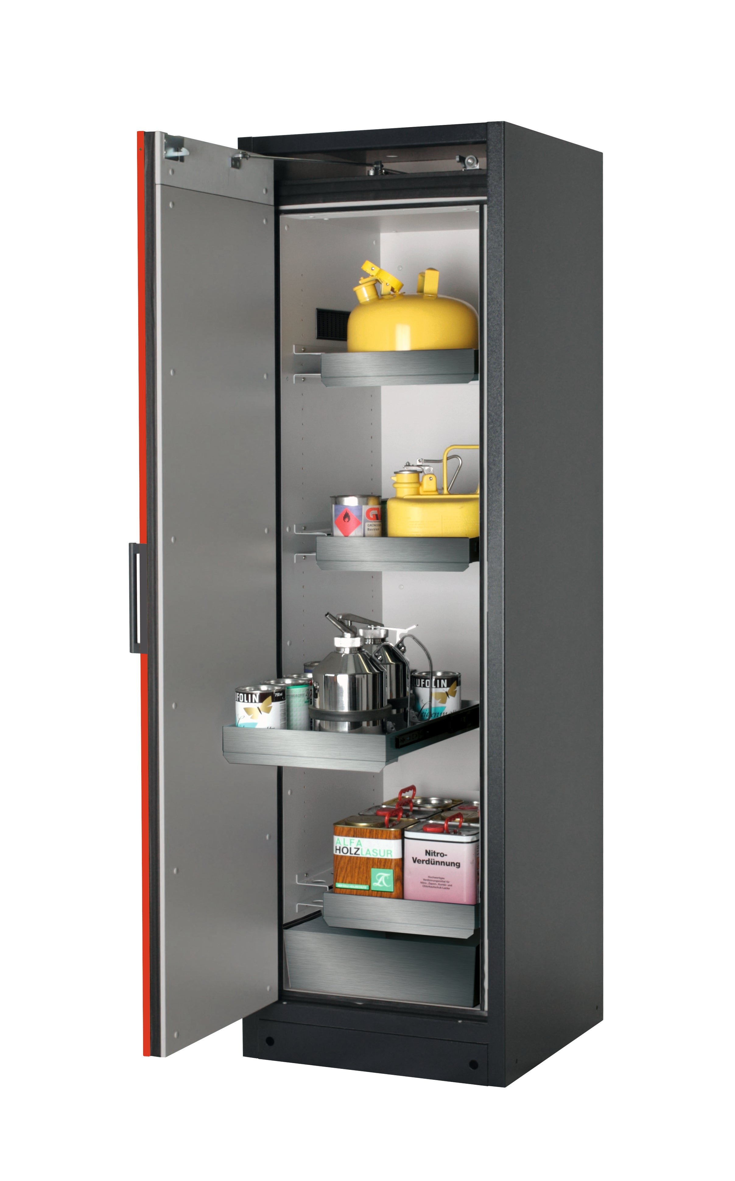 Typ 90 Sicherheitsschrank Q-CLASSIC-90 Modell Q90.195.060 in verkehrsrot RAL 3020 mit 3x Auszugswanne Standard (Edelstahl 1.4301)
