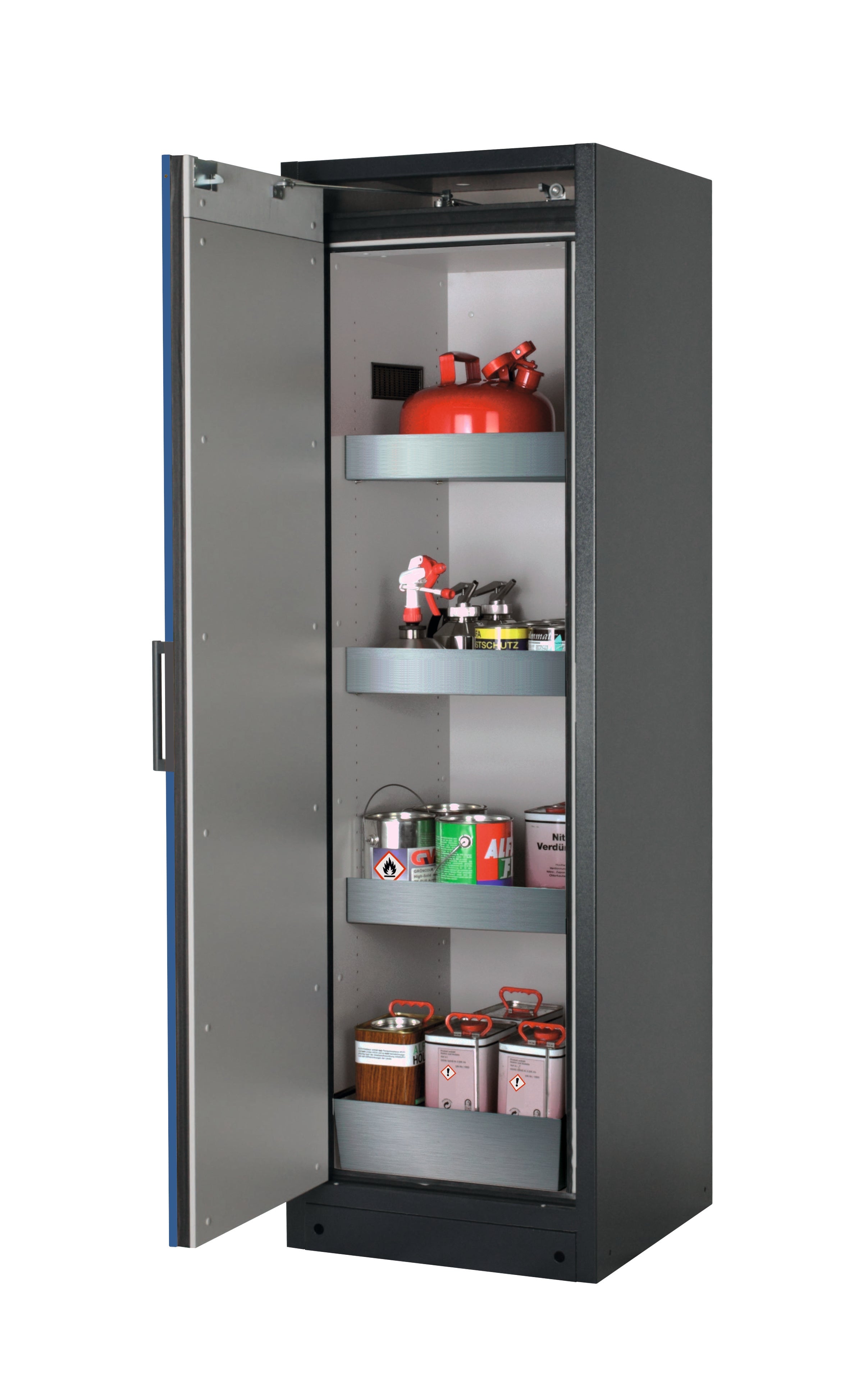 Typ 90 Sicherheitsschrank Q-CLASSIC-90 Modell Q90.195.060 in enzianblau RAL 5010 mit 3x Wannenboden Standard (Edelstahl 1.4301)
