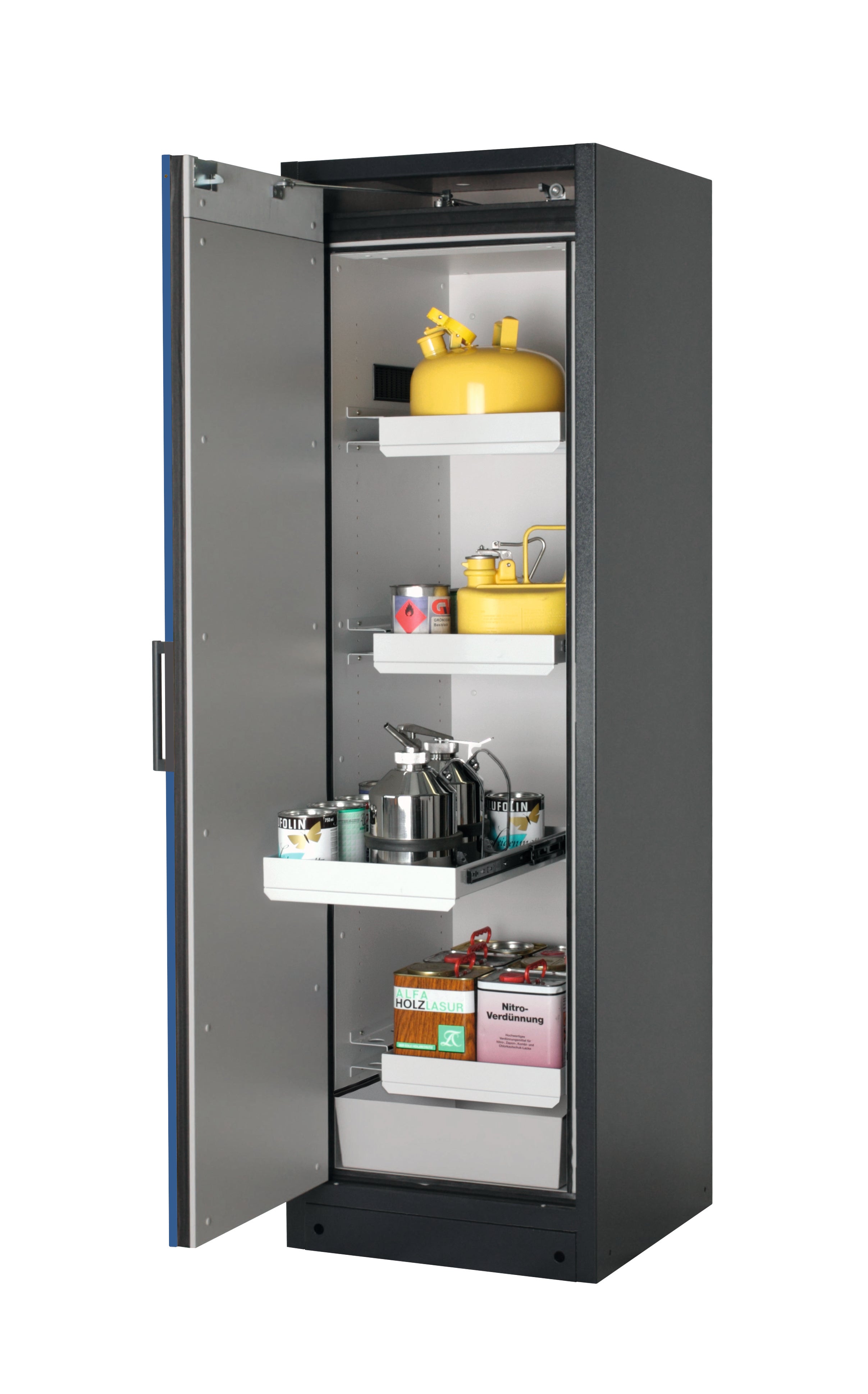 Typ 90 Sicherheitsschrank Q-CLASSIC-90 Modell Q90.195.060 in enzianblau RAL 5010 mit 3x Auszugswanne Standard (Stahlblech)
