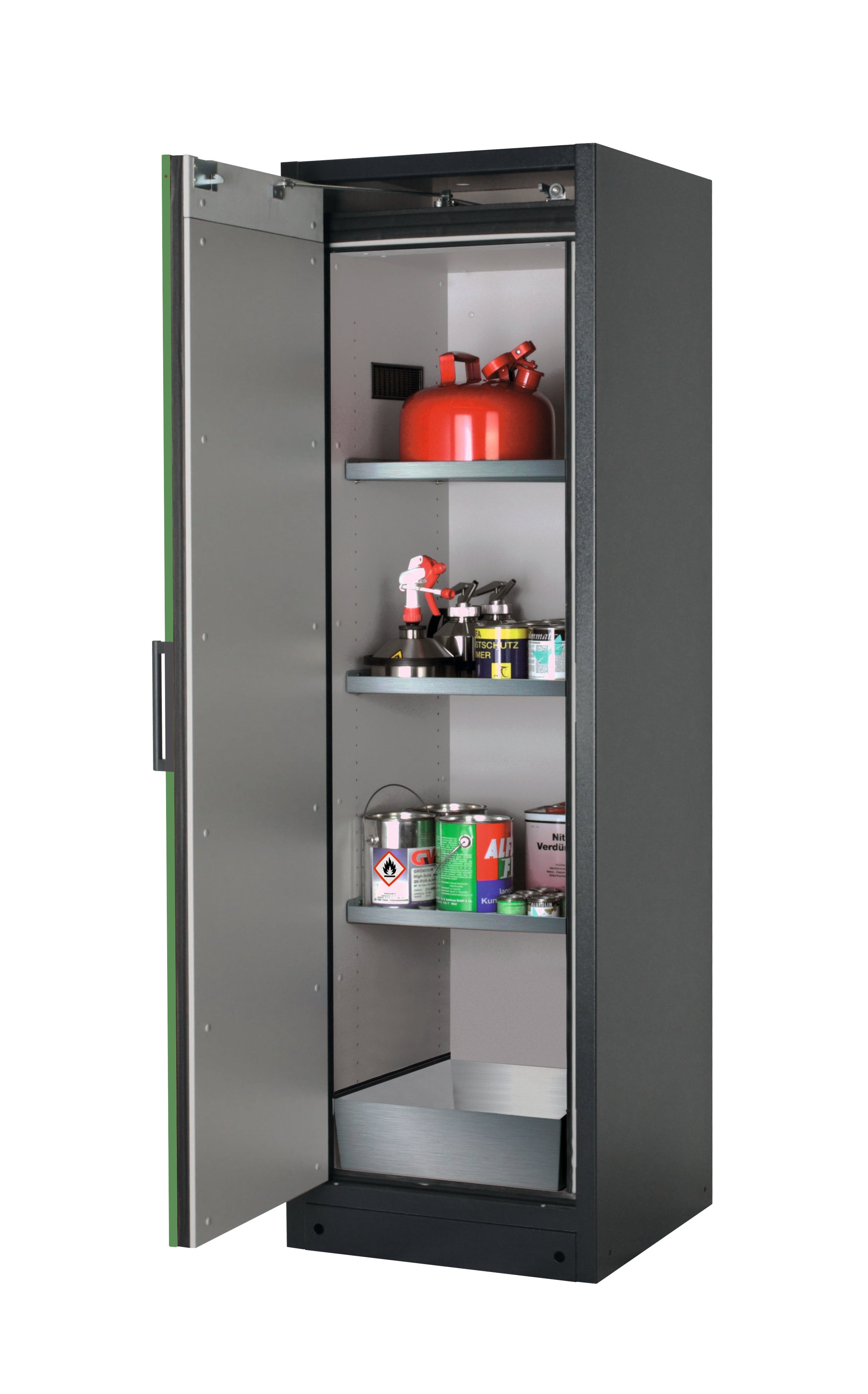 Type 90 safety storage cabinet Q-PEGASUS-90 model Q90.195.060.WDAC in reseda green RAL 6011 with 3x shelf standard (stainless steel 1.4301),