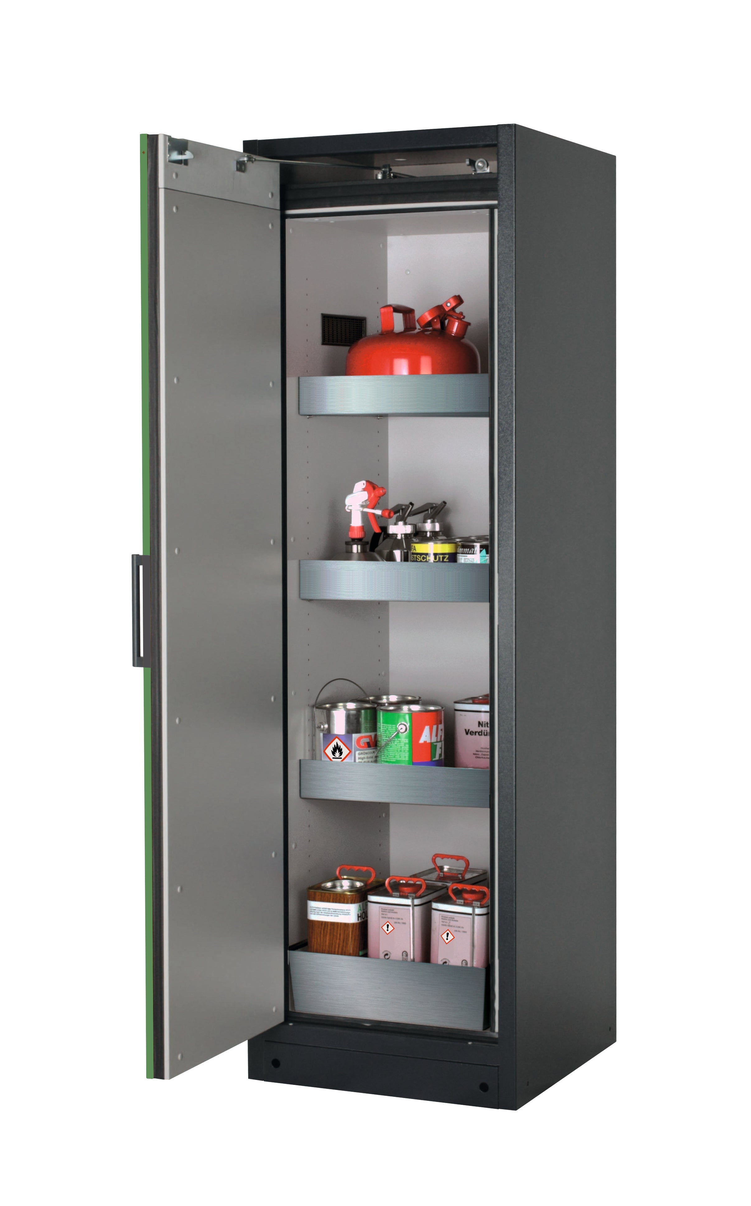 Type 90 safety storage cabinet Q-PEGASUS-90 model Q90.195.060.WDAC in reseda green RAL 6011 with 3x tray shelf (standard) (stainless steel 1.4301),