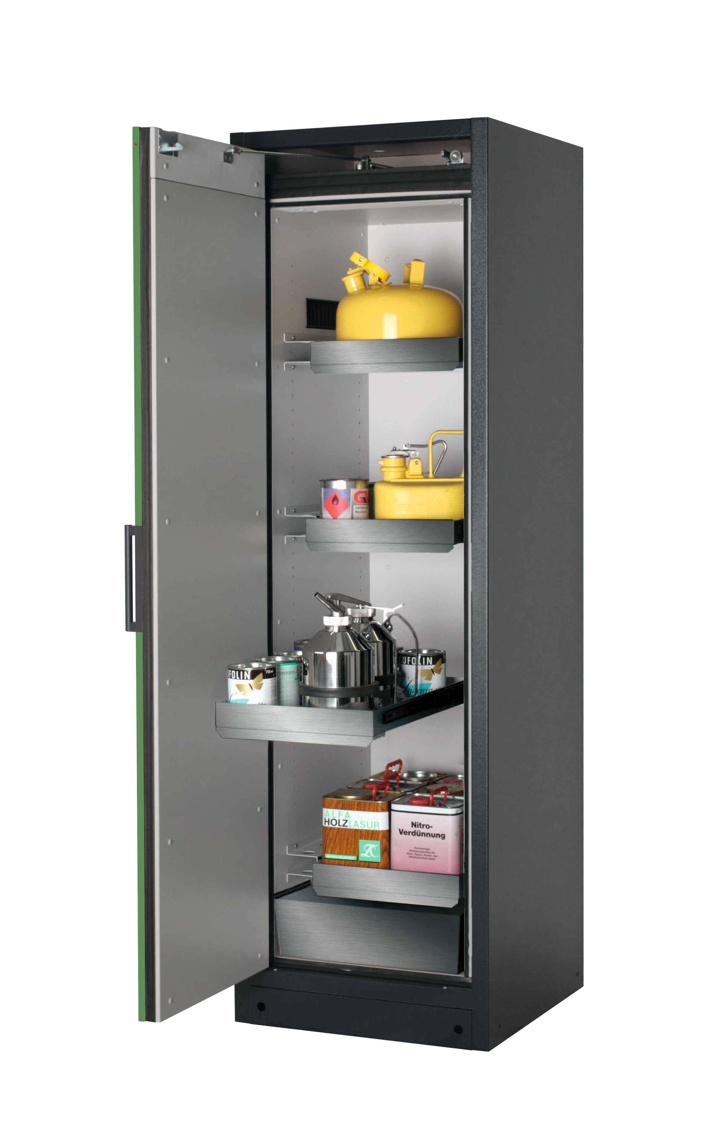 Typ 90 Sicherheitsschrank Q-CLASSIC-90 Modell Q90.195.060 in resedagrün RAL 6011 mit 3x Auszugswanne Standard (Edelstahl 1.4301)