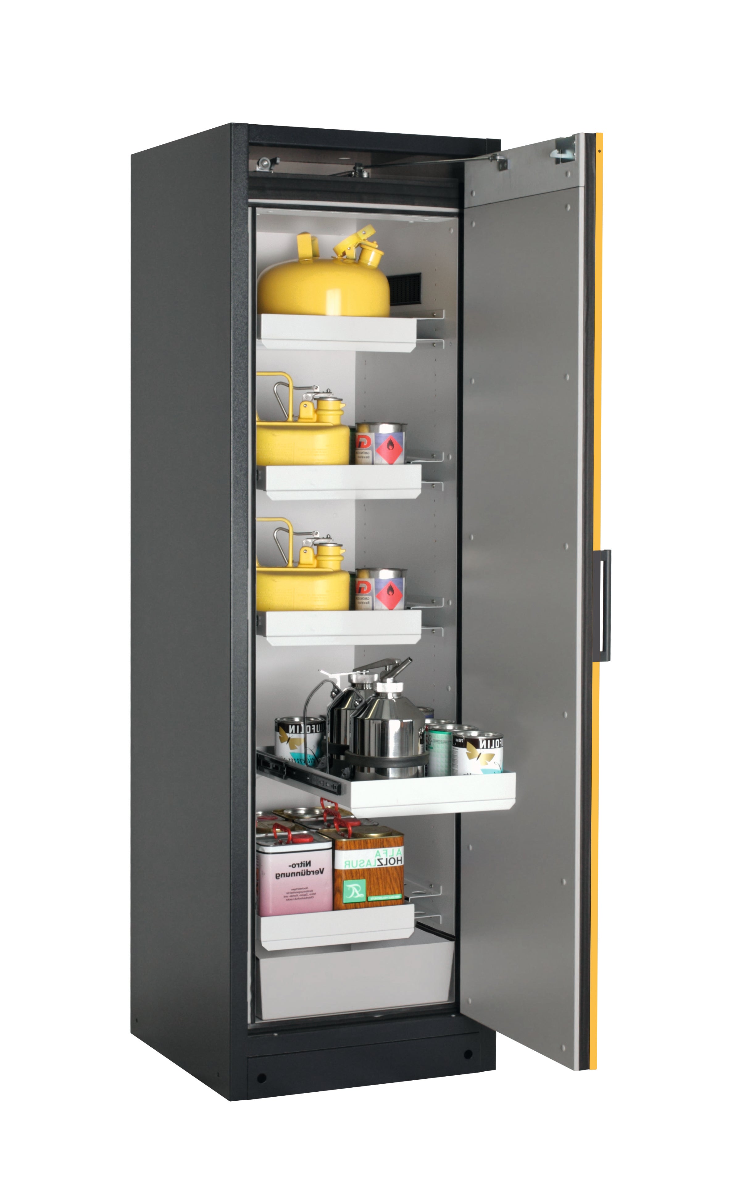 Typ 90 Sicherheitsschrank Q-PEGASUS-90 Modell Q90.195.060.WDACR in sicherheitsgelb RAL 1004 mit 4x Auszugswanne Standard (Stahlblech)
