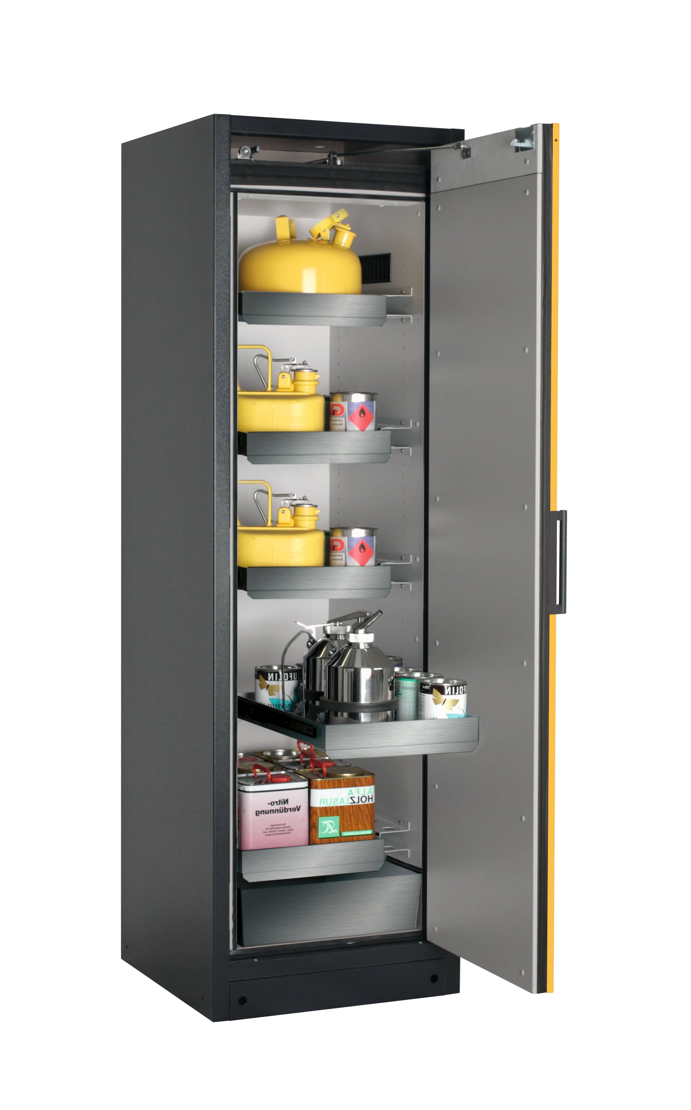 Typ 90 Sicherheitsschrank Q-PEGASUS-90 Modell Q90.195.060.WDACR in sicherheitsgelb RAL 1004 mit 4x Auszugswanne Standard (Edelstahl 1.4301)