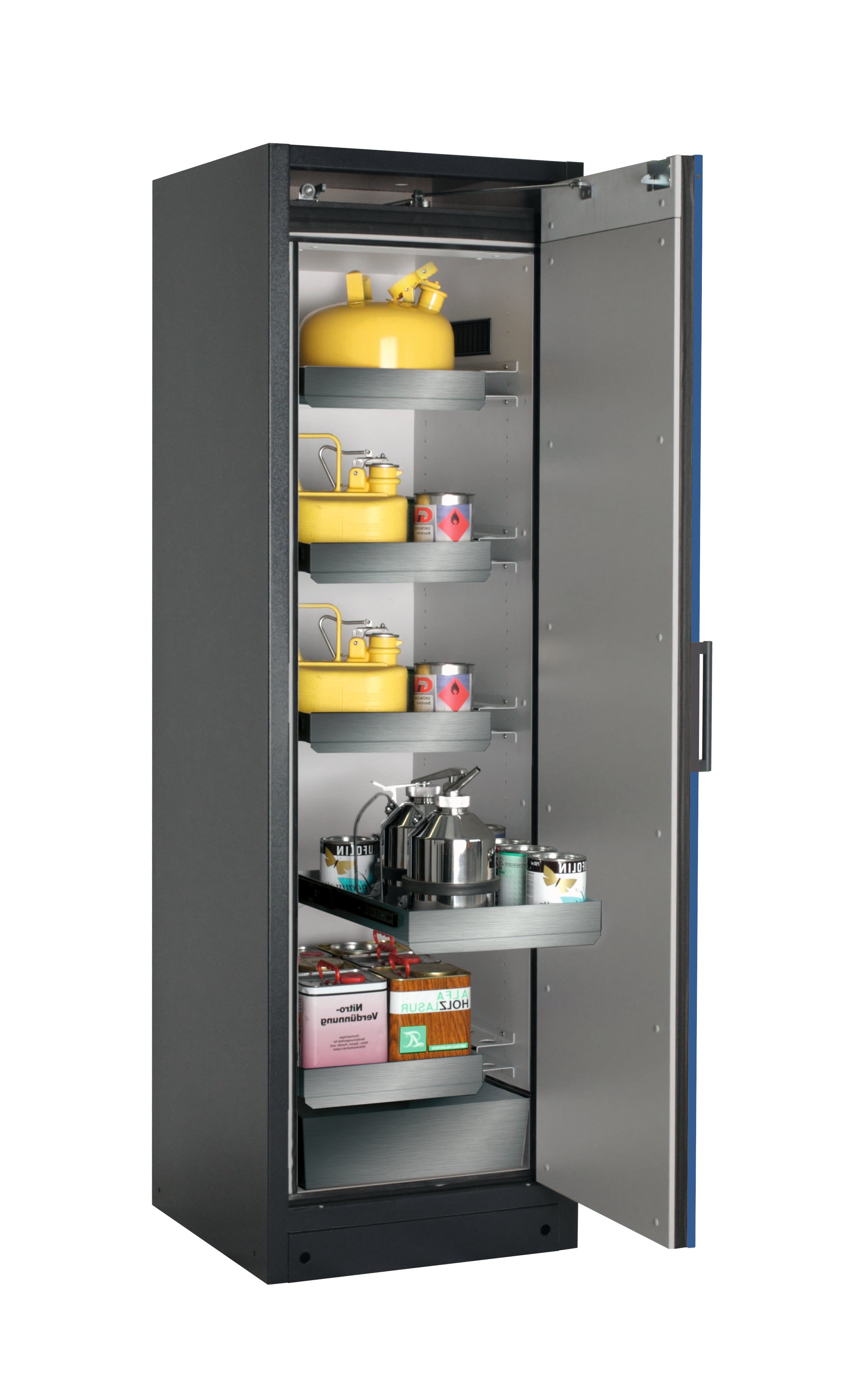 Typ 90 Sicherheitsschrank Q-CLASSIC-90 Modell Q90.195.060.R in enzianblau RAL 5010 mit 4x Auszugswanne Standard (Edelstahl 1.4301)