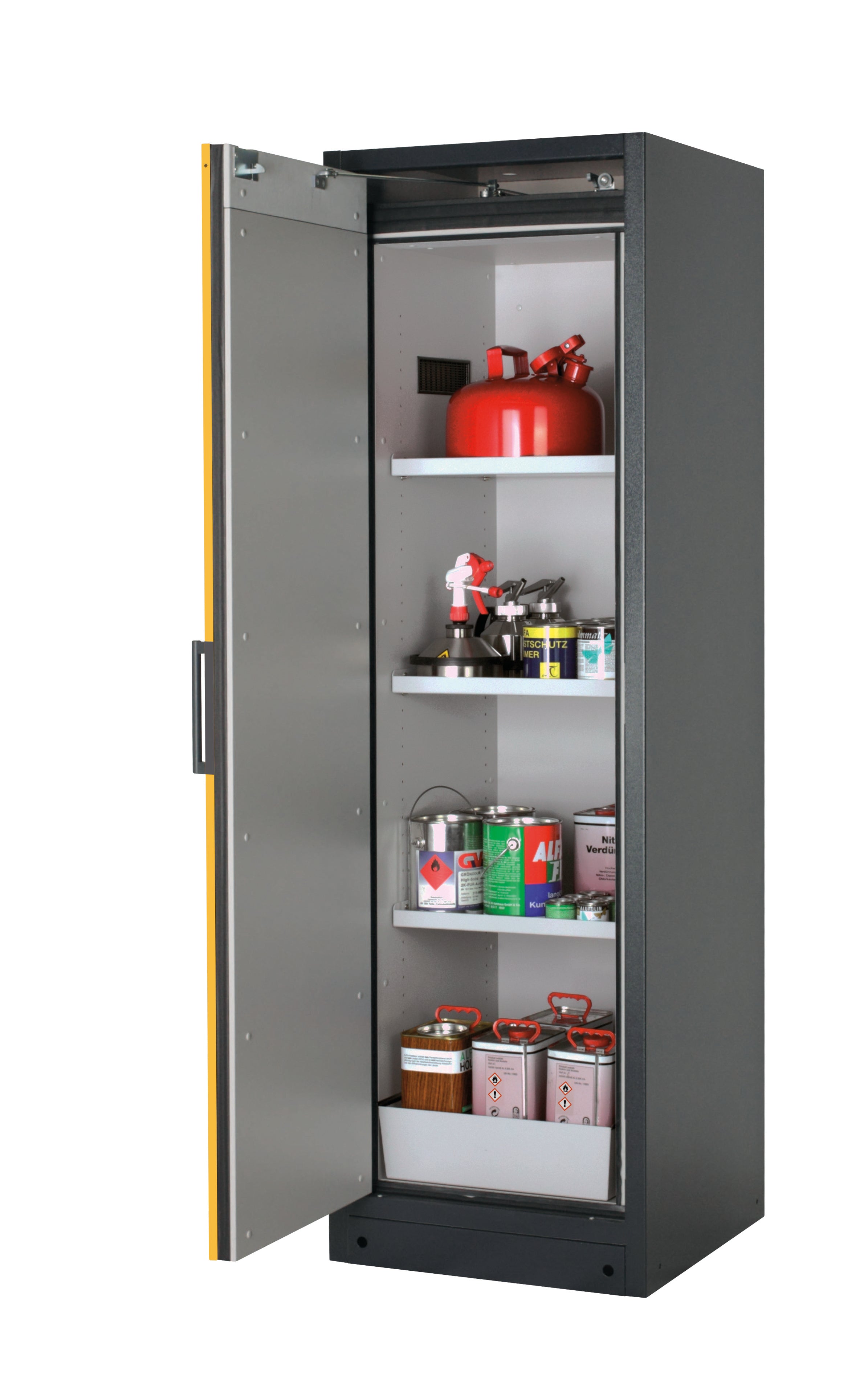 Type 90 safety storage cabinet Q-PEGASUS-90 model Q90.195.060.WDAC in warning yellow RAL 1004 with 3x shelf standard (sheet steel),
