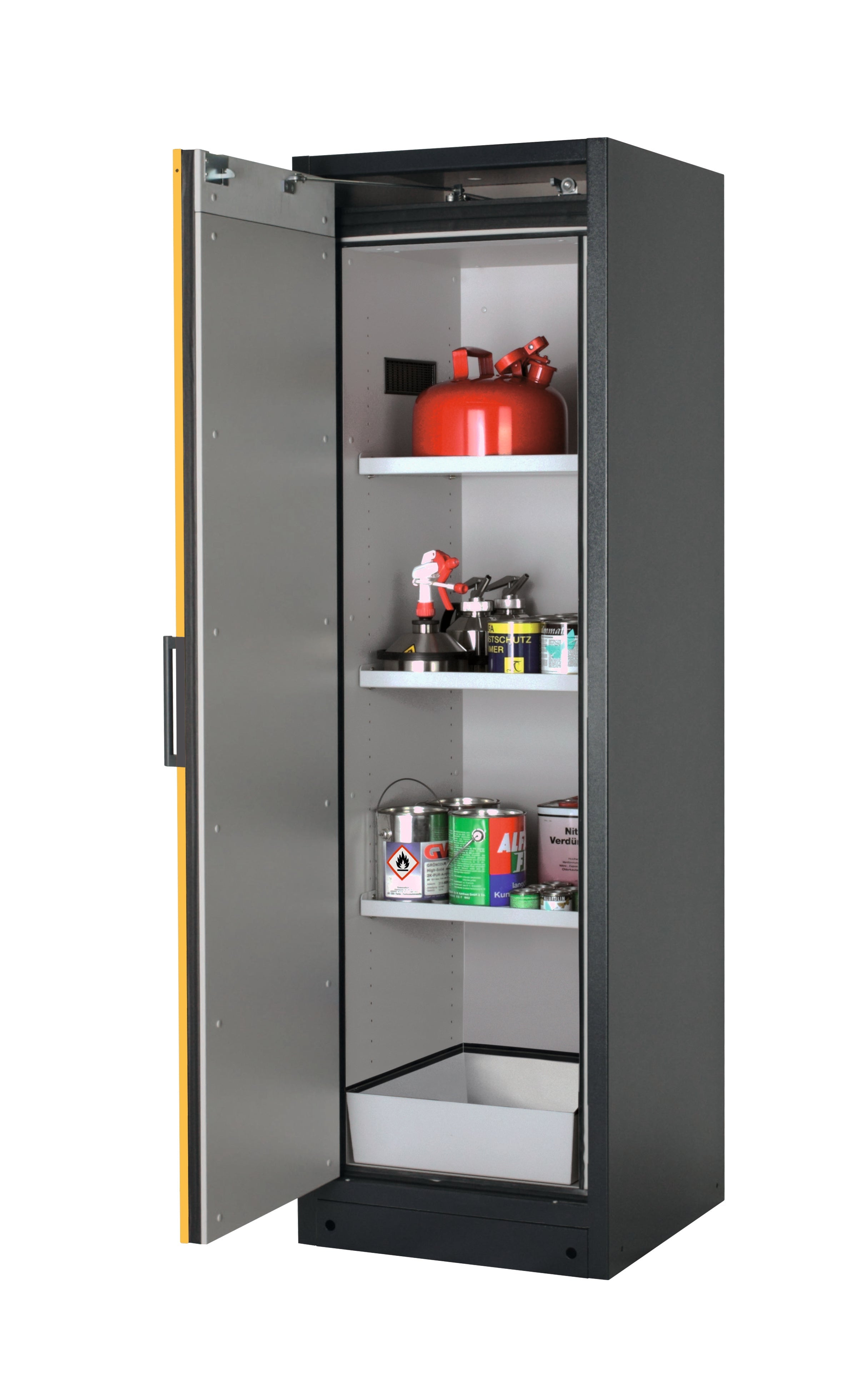 Type 90 safety storage cabinet Q-PEGASUS-90 model Q90.195.060.WDAC in warning yellow RAL 1004 with 3x shelf standard (sheet steel),