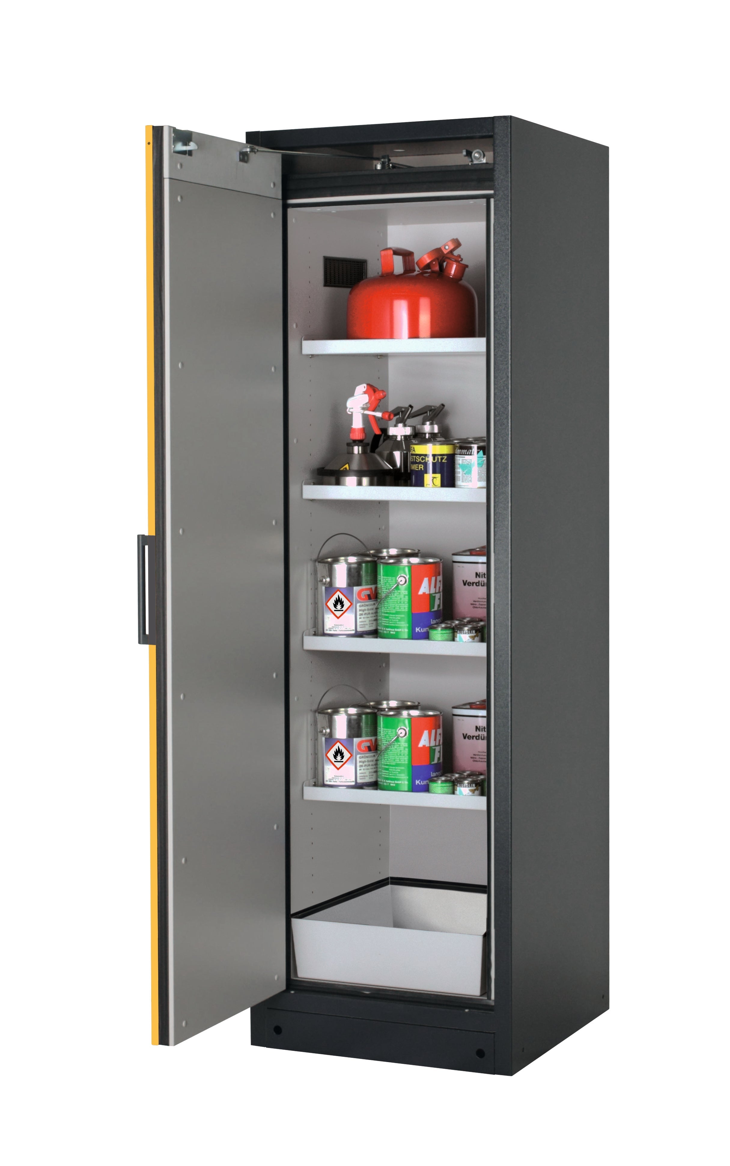 Type 90 safety storage cabinet Q-PEGASUS-90 model Q90.195.060.WDAC in warning yellow RAL 1004 with 4x shelf standard (sheet steel),