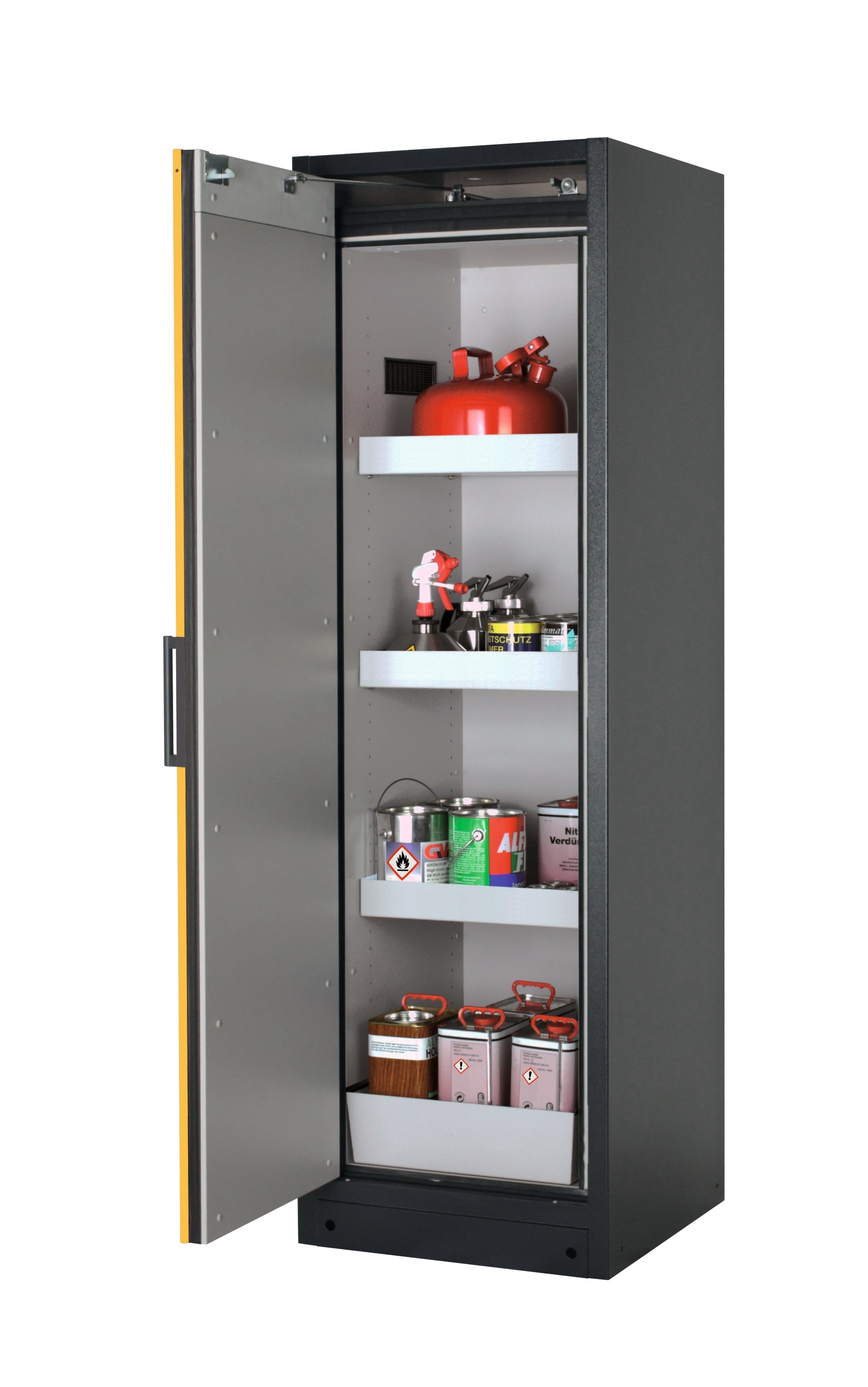 Type 90 safety storage cabinet Q-PEGASUS-90 model Q90.195.060.WDAC in warning yellow RAL 1004 with 3x tray shelf (standard) (sheet steel),
