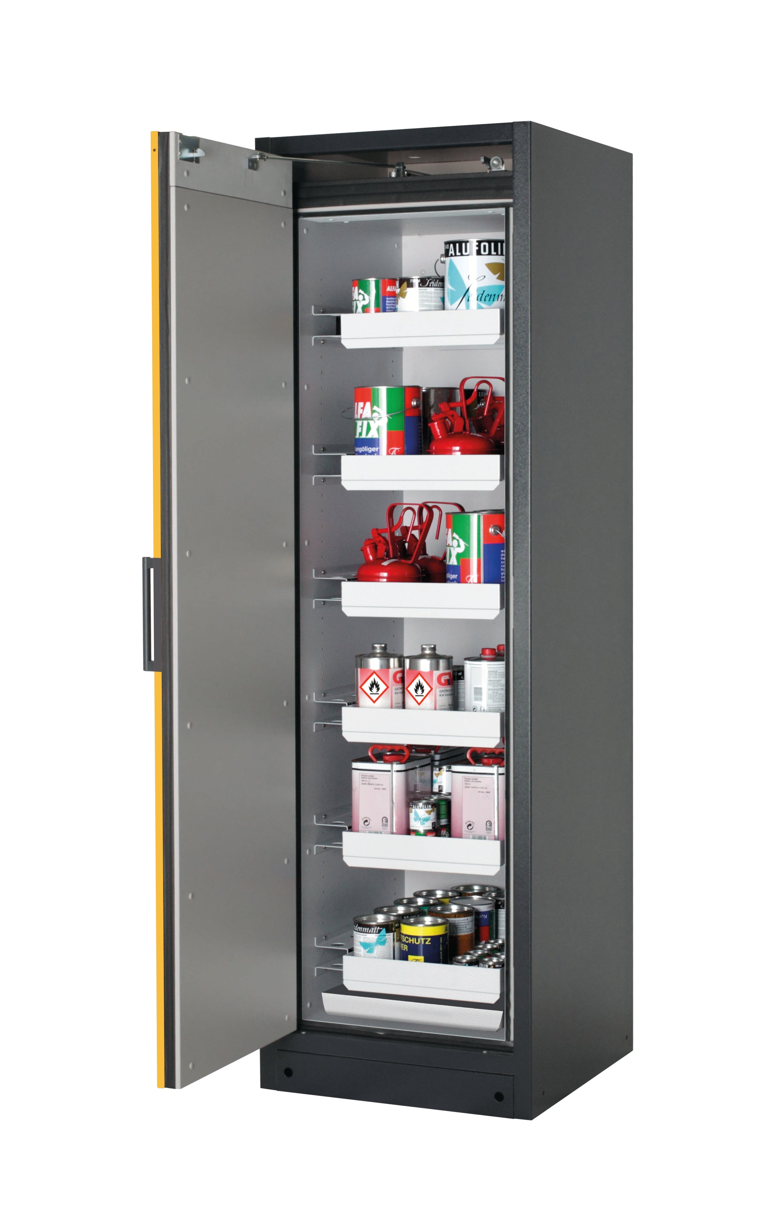 Type 90 safety storage cabinet Q-PEGASUS-90 model Q90.195.060.WDAC in warning yellow RAL 1004 with 6x drawer (standard) (sheet steel),