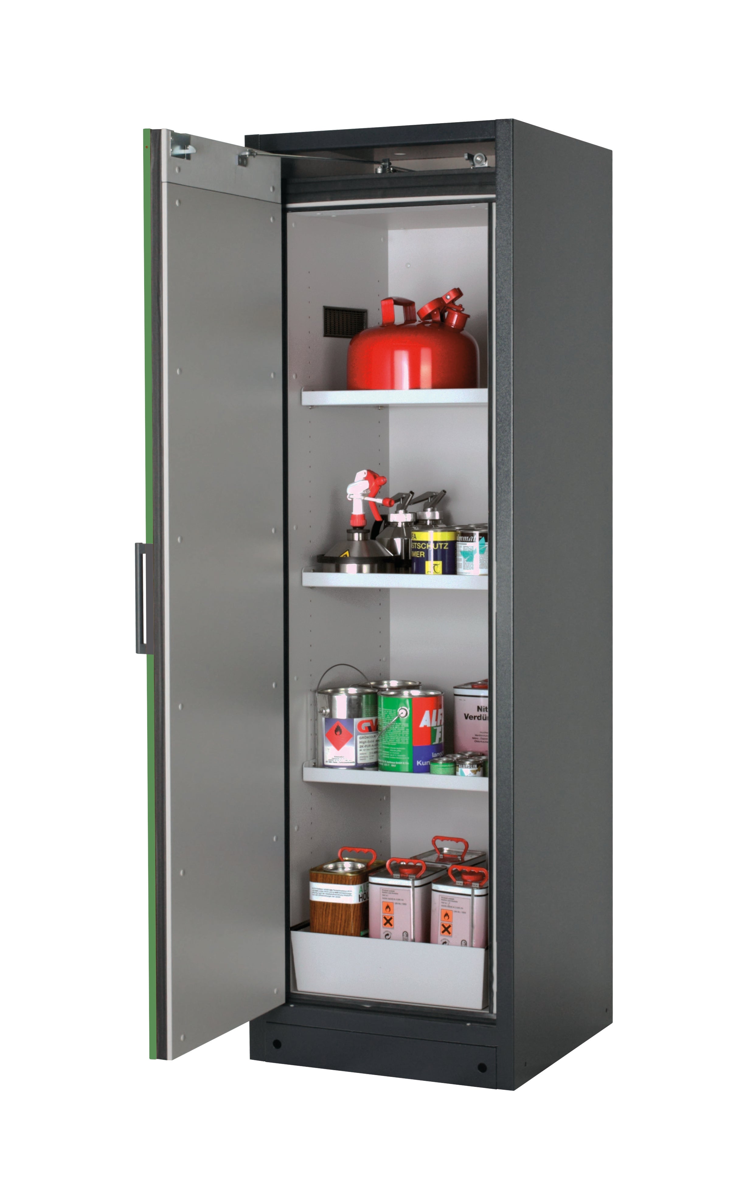 Type 90 safety storage cabinet Q-PEGASUS-90 model Q90.195.060.WDAC in reseda green RAL 6011 with 3x shelf standard (sheet steel),