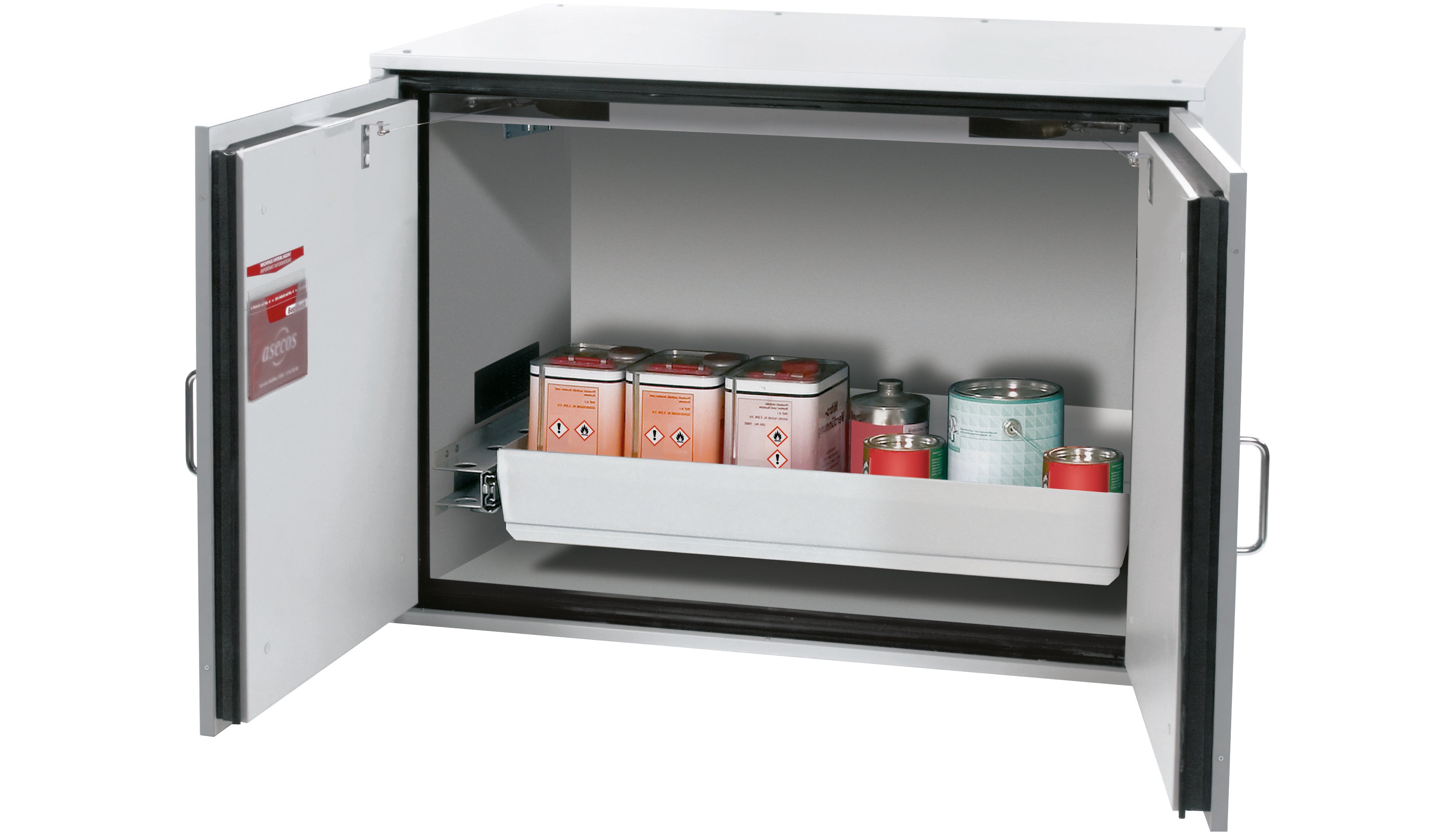 Type 90 safety storage under bench cabinet UB-T-90 model UB90.080.110.075.2T in light grey RAL 7035 with 1x drawer (sheet steel),