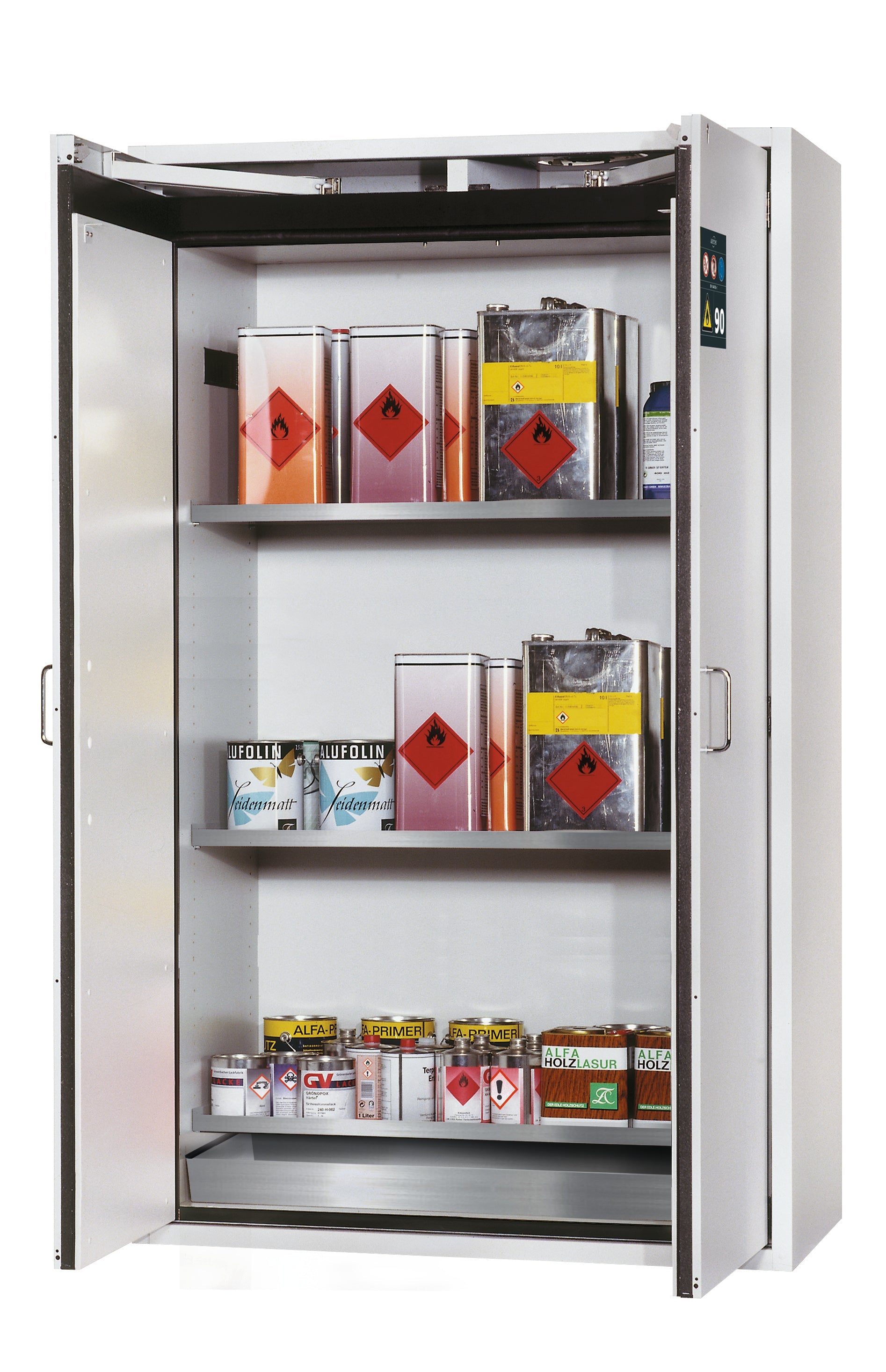Type 90 Armoires de sécurité S-CLASSIC modèle S90.196.120 en gris clair RAL 7035 avec 3x étagères standard (acier inoxydable 1.4301)