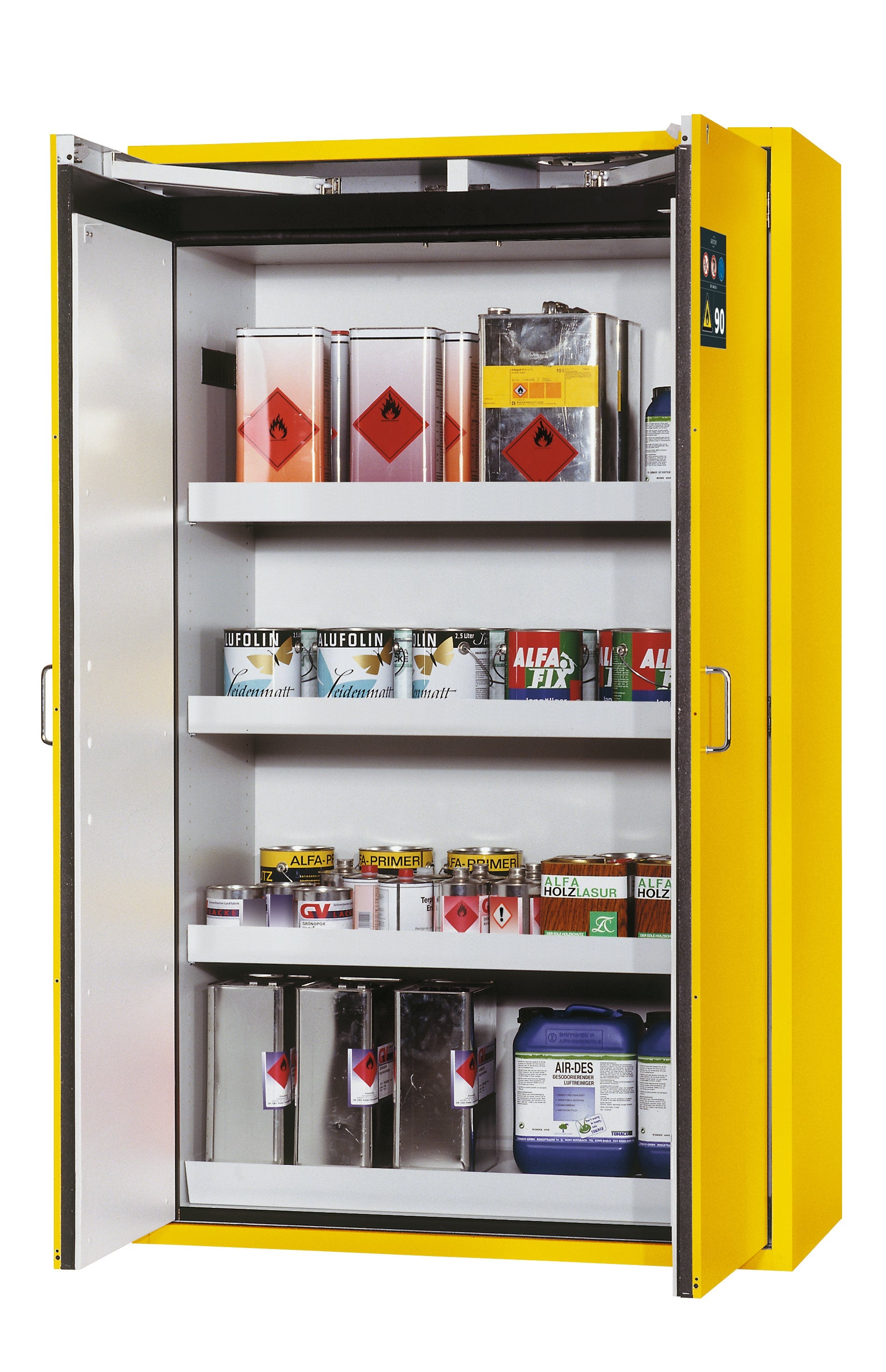 Type 90 safety storage cabinet S-CLASSIC-90 model S90.196.120 in warning yellow RAL 1004 with 3x tray shelf (standard) (sheet steel),