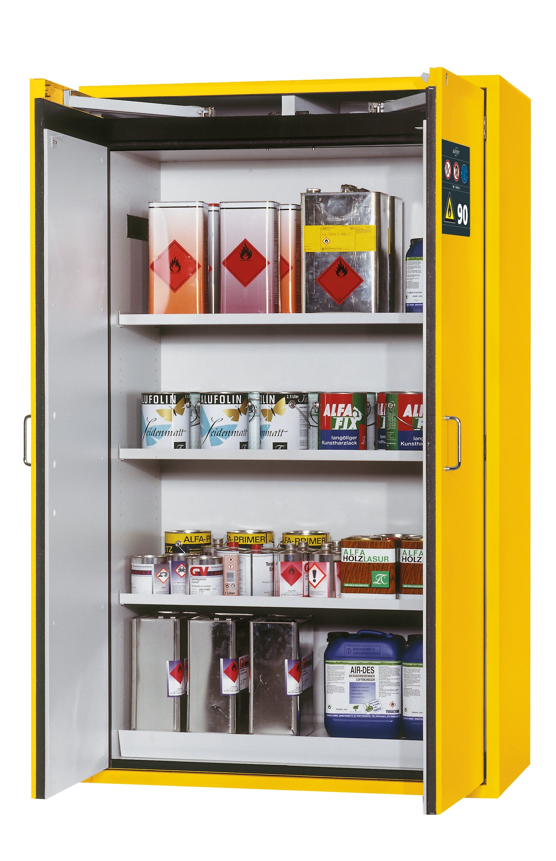 Type 90 safety storage cabinet S-CLASSIC-90 model S90.196.120 in warning yellow RAL 1004 with 3x shelf standard (sheet steel),