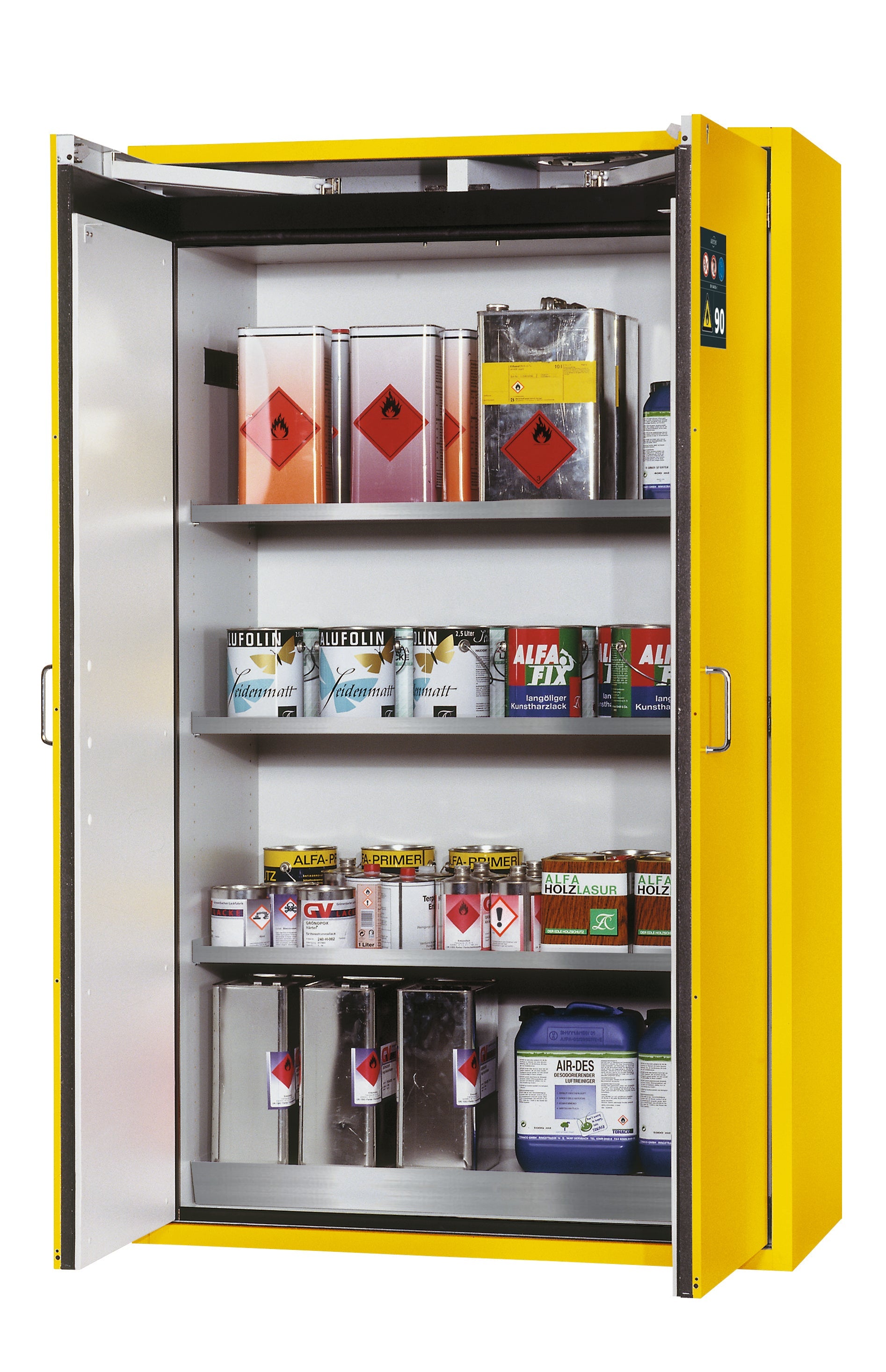 Type 90 safety storage cabinet S-CLASSIC-90 model S90.196.120.WDAS in warning yellow RAL 1004 with 3x shelf standard (stainless steel 1.4301),