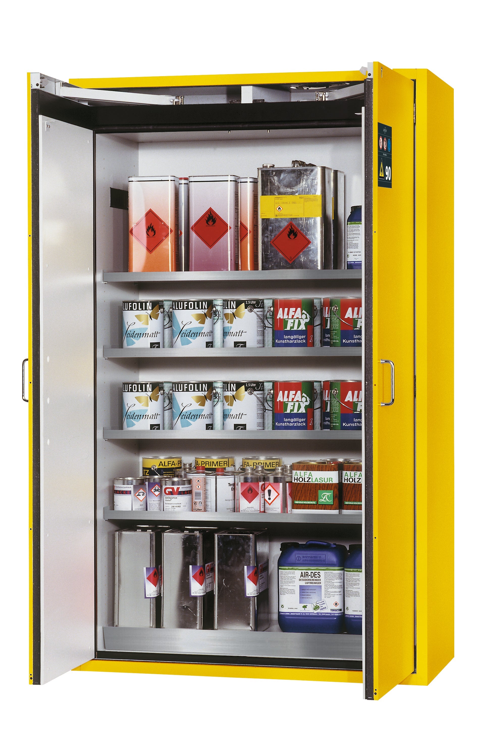 Type 90 safety storage cabinet S-CLASSIC-90 model S90.196.120.WDAS in warning yellow RAL 1004 with 4x shelf standard (stainless steel 1.4301),