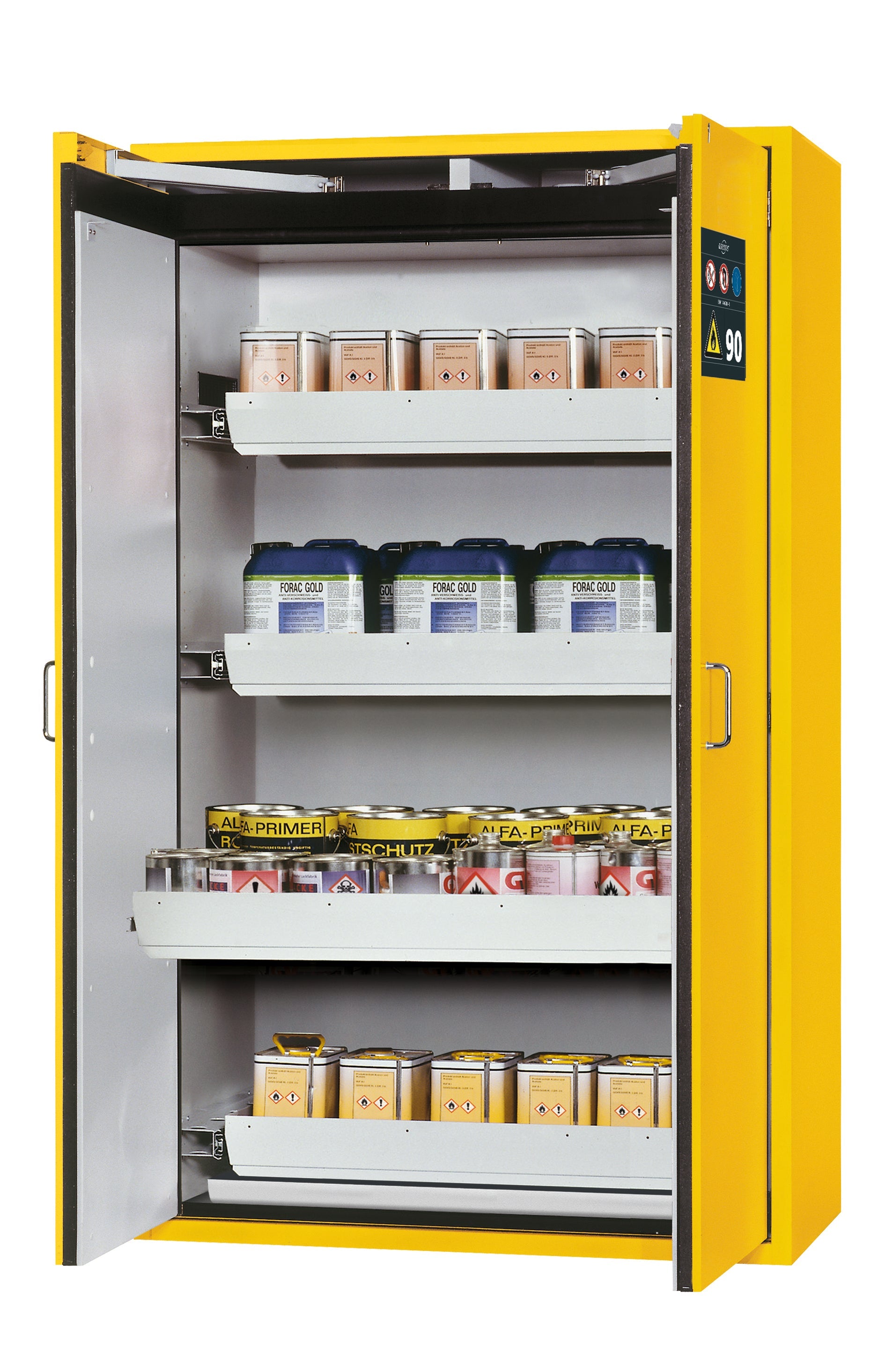 Type 90 safety storage cabinet S-CLASSIC-90 model S90.196.120.WDAS in warning yellow RAL 1004 with 4x drawer (standard) (sheet steel),